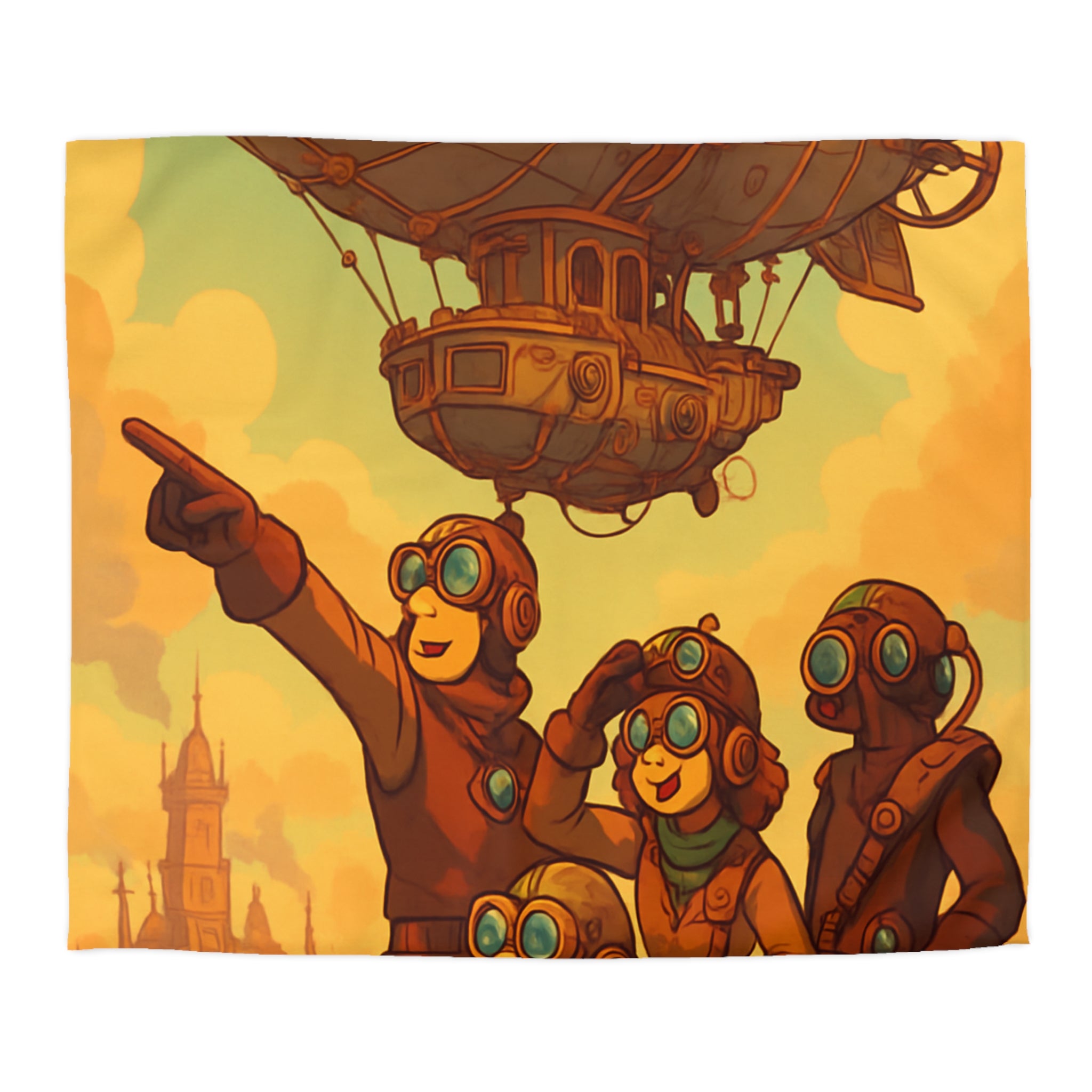 Housse de couette rétro-aventure steampunk avec dirigeable et explorateurs en plein ciel