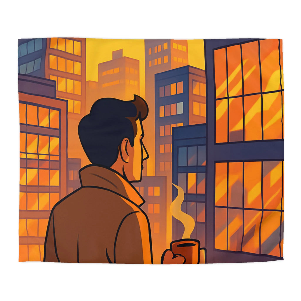 Housse de couette avec illustration urbaine au coucher de soleil et silhouette masculine