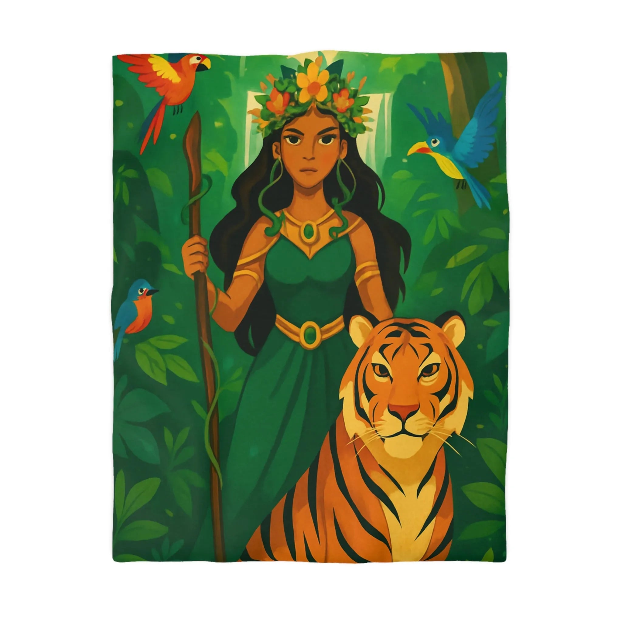 Housse de couette exotique avec tigre royal et gardienne mystique en forêt luxuriante