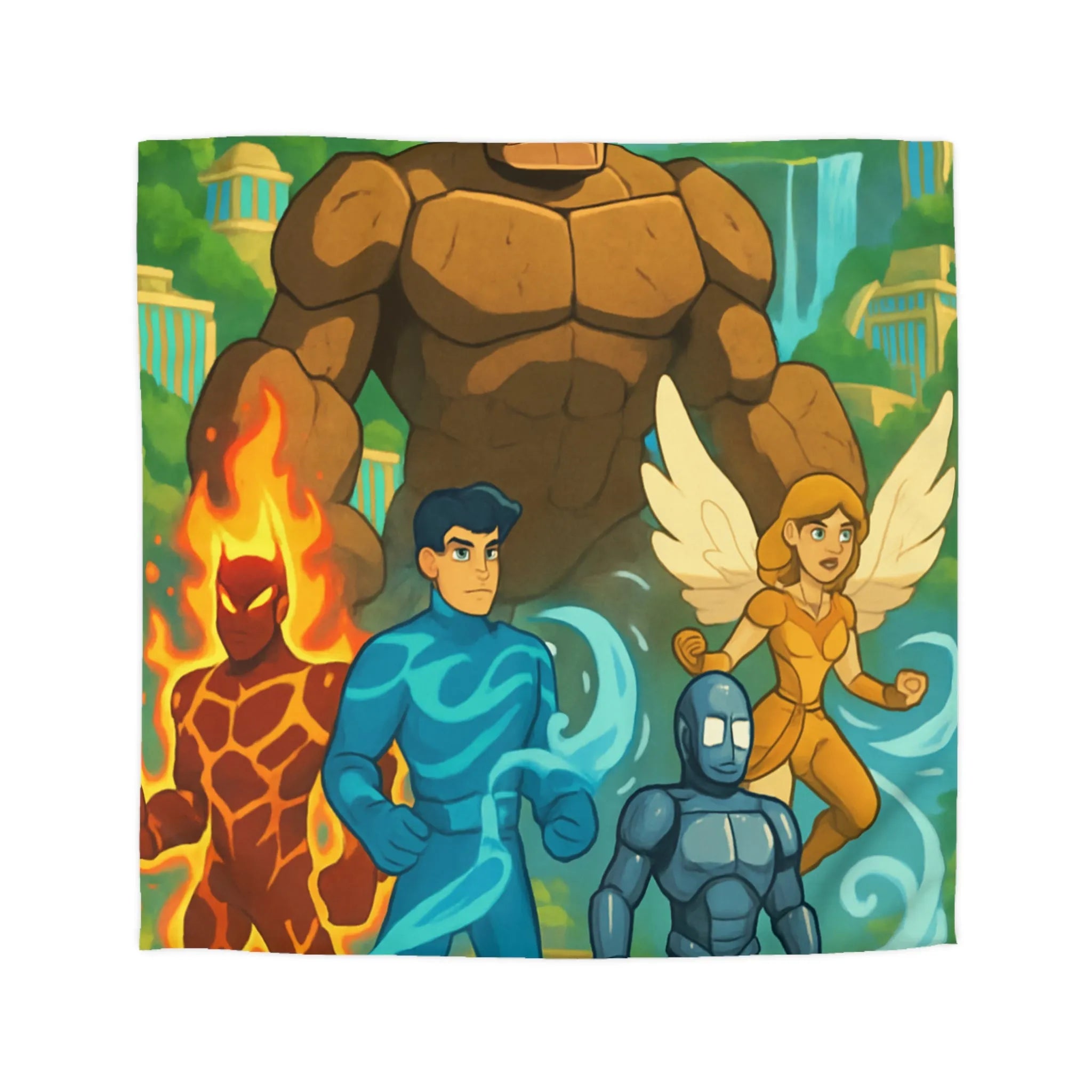 Housse de couette avec personnages héroïques et paysage fantastique inspirant enfant et adolescent