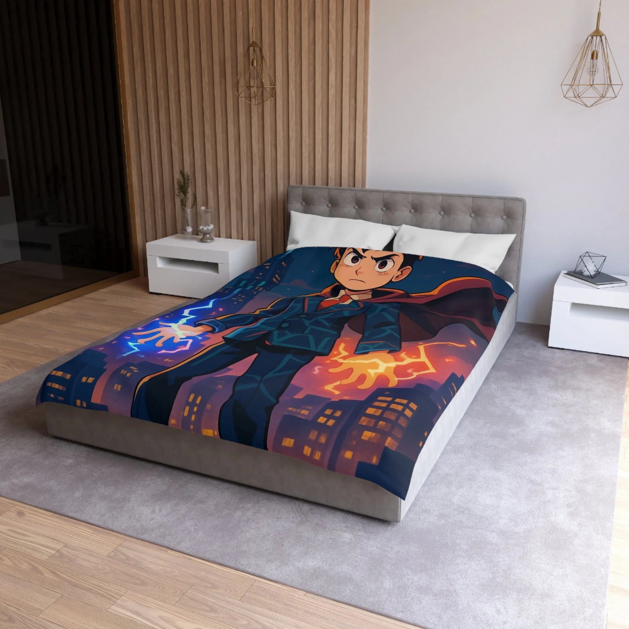 Housse de couette avec jeune magicien urbain; électricité magique, ambiance ville nocturne