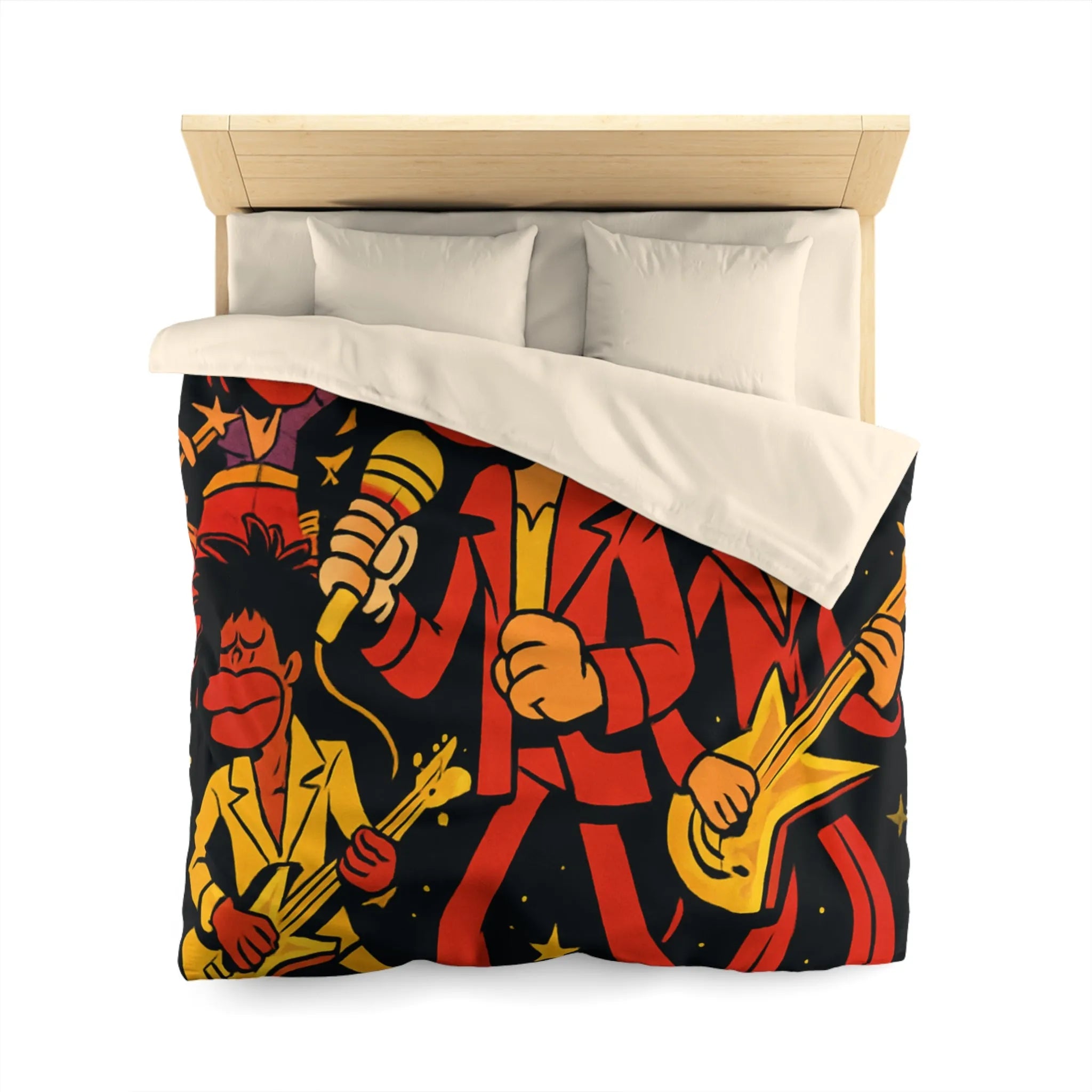 Housse de couette colorée avec illustrations de musiciens sous un ciel étoilé