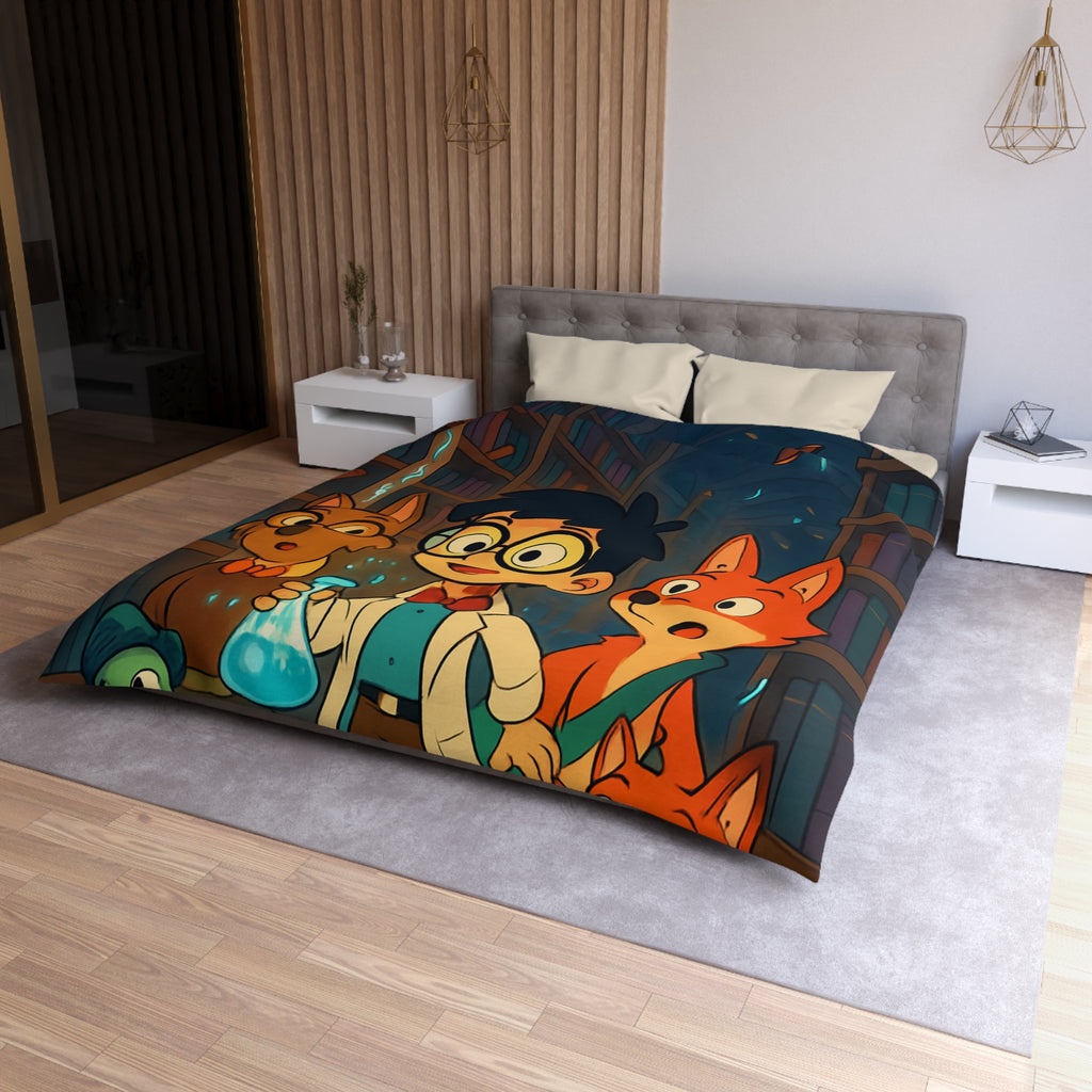 Housse de couette pour enfants avec dessin animé de bibliothèque magique et animaux curieux