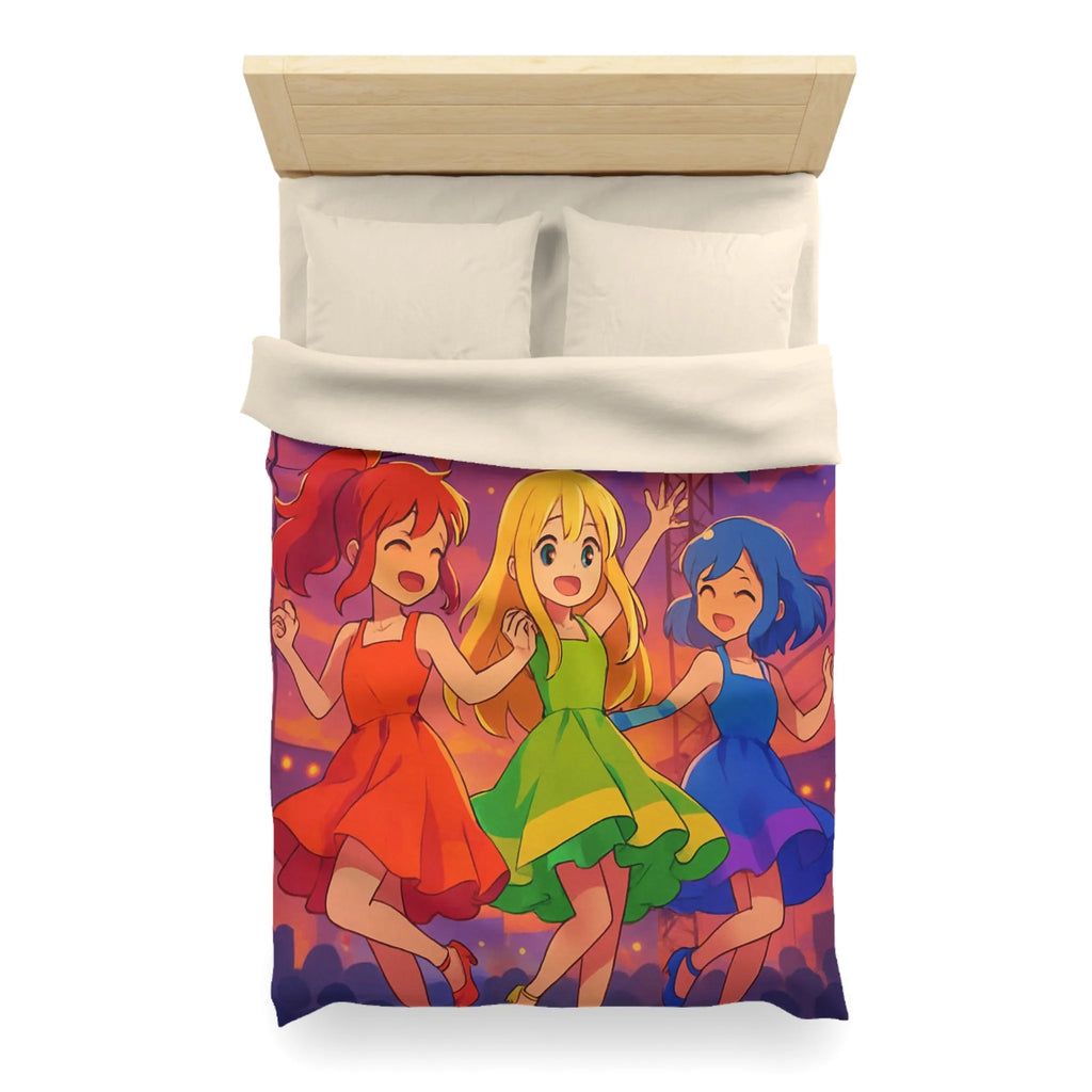 Housse de Couette Colorée avec Trois Amies Dansant sur une Scène Éclairée de Nuit