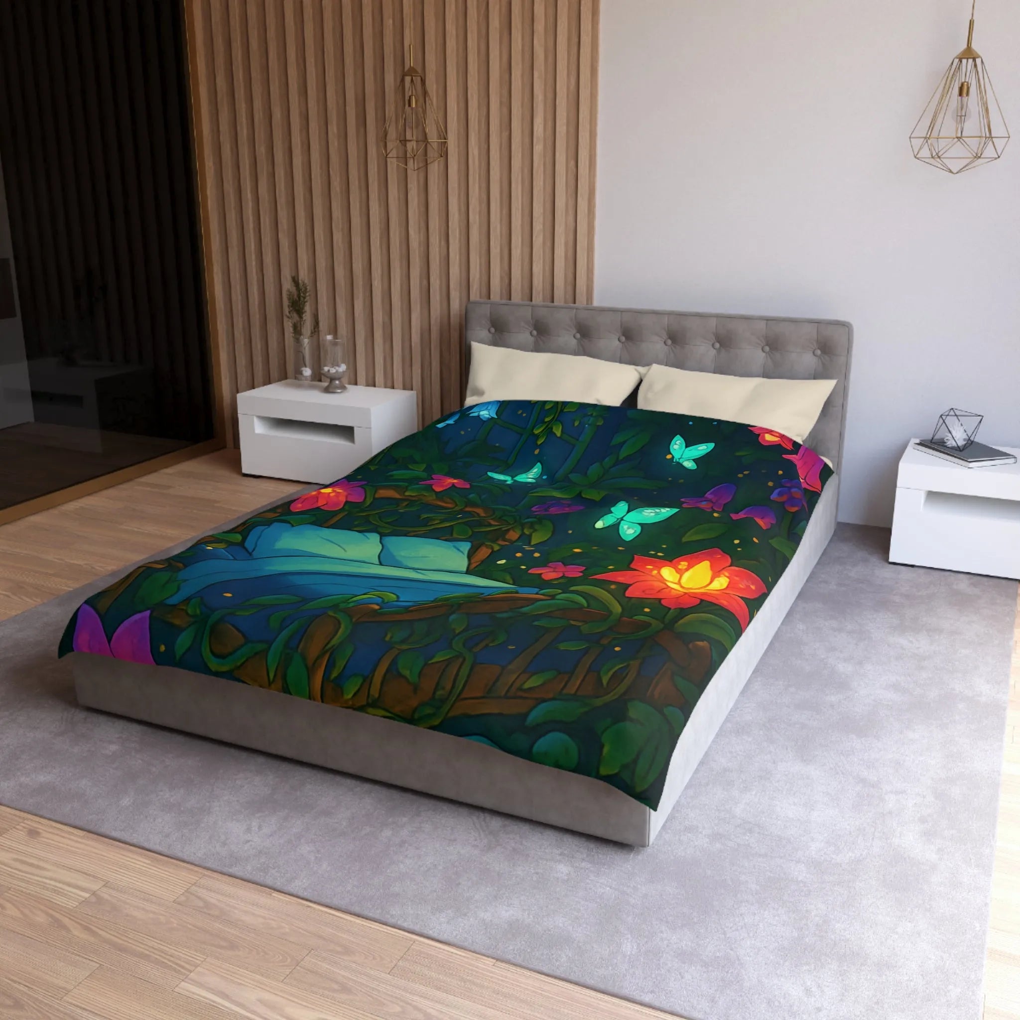 Housse de couette magique avec motifs de fleurs lumineuses et papillons dans la nuit