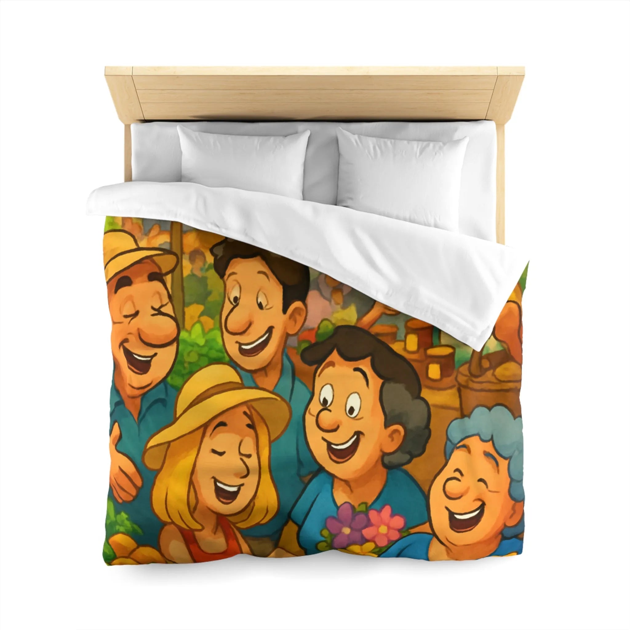 Housse de couette avec illustration joyeuse d'un marché animé et coloré