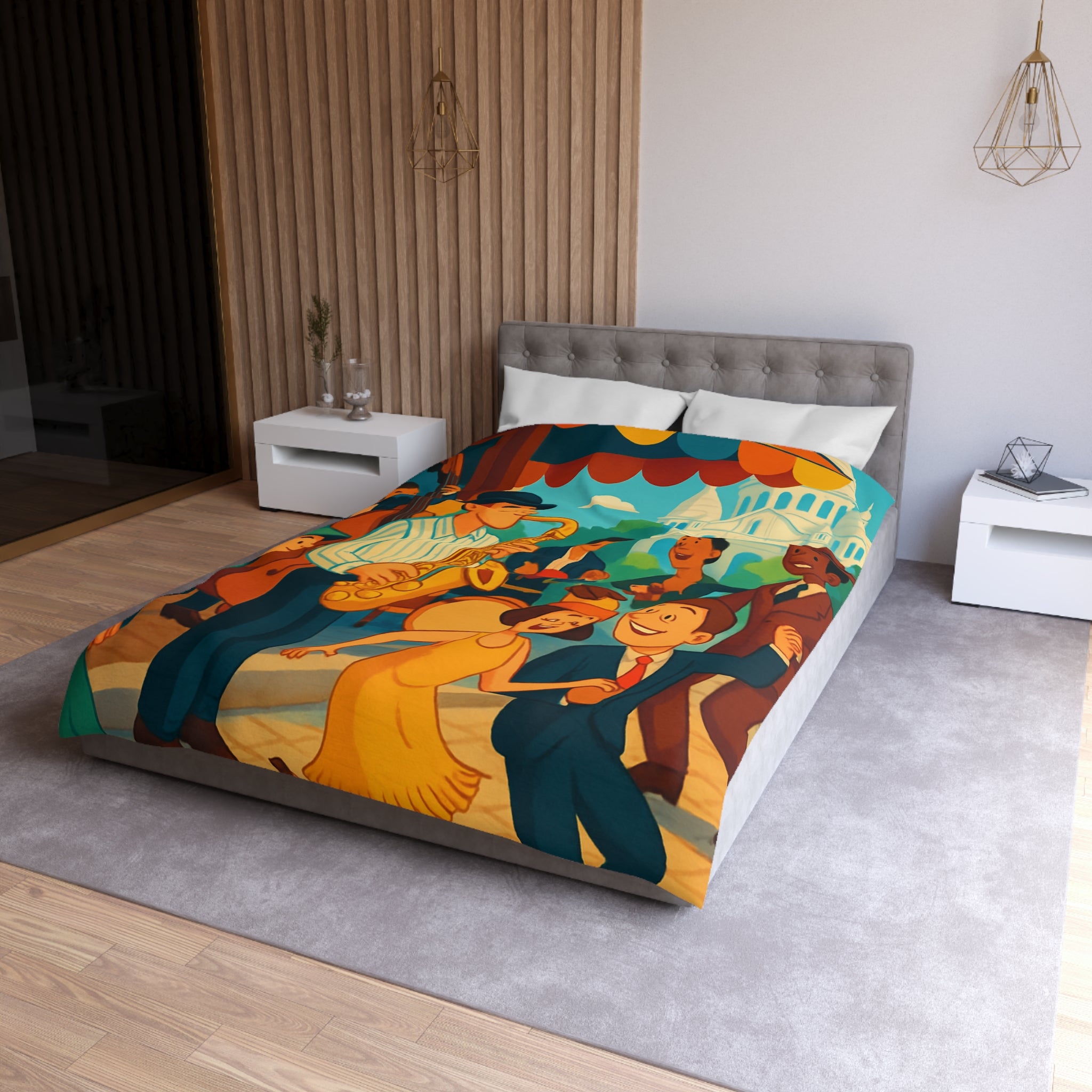 Housse de couette vintage avec scène de musique jazz animée et danse joyeuse