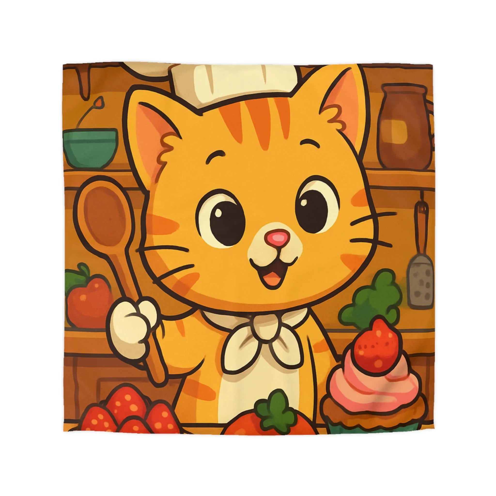 Housse de couette colorée avec chat cuisinier et pâtisseries dans une cuisine animée