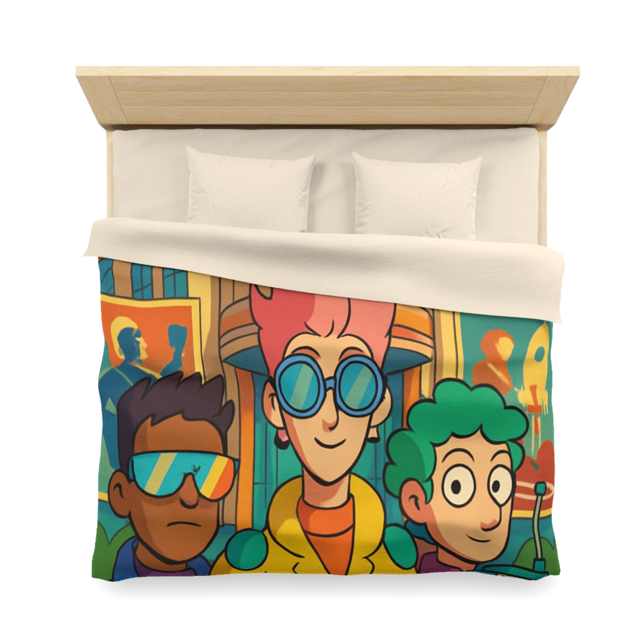 Housse de couette rétro futuriste colorée avec personnages et architecture urbaine stylisée
