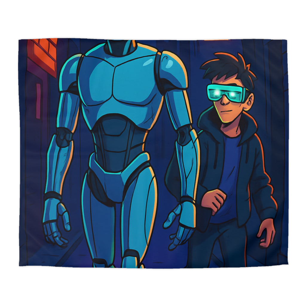 Housse de couette moderne avec illustration néon de robot et jeune avec lunettes lumineuses