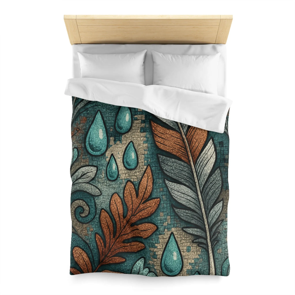 Housse de Couette Élégante avec Plumes et Feuilles, Teintes Bleues et Oranges