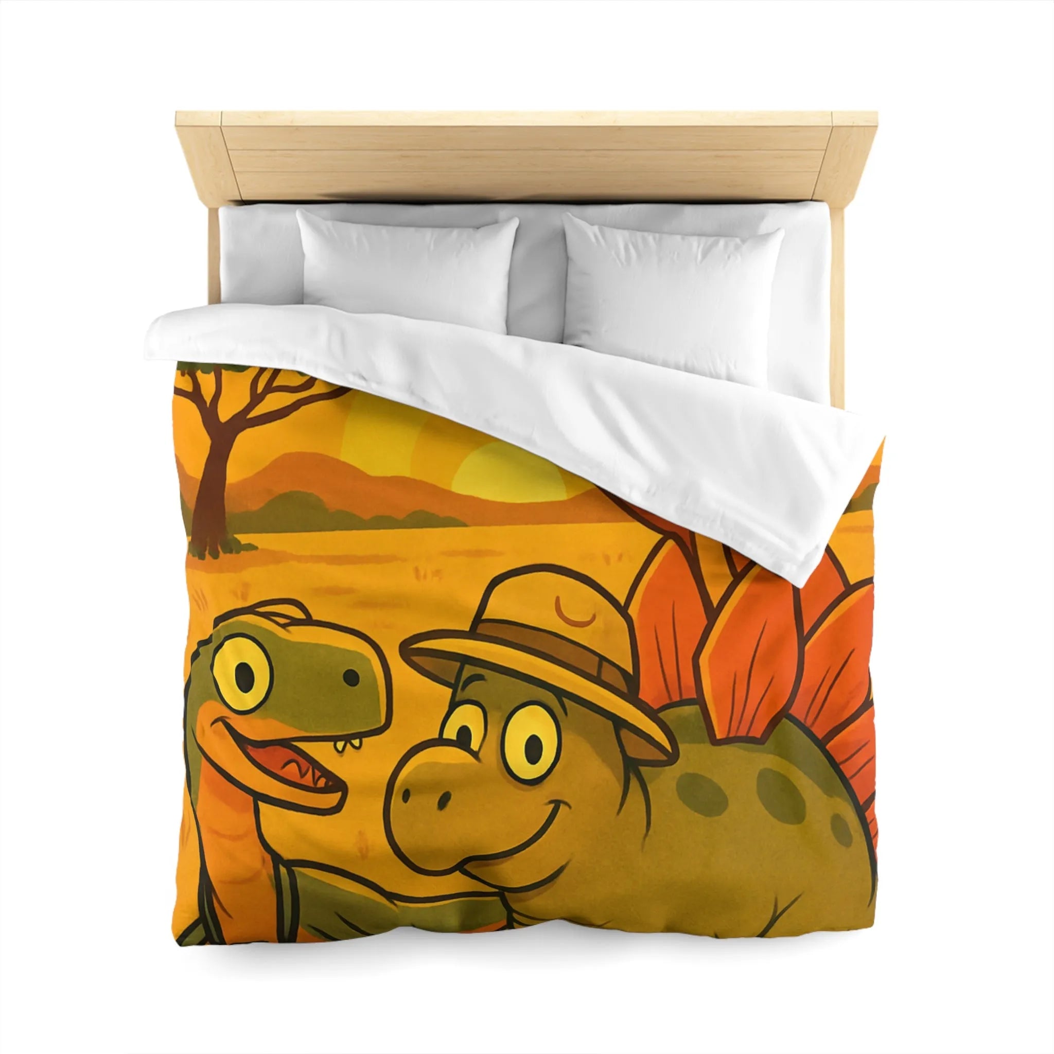 Housse de couette enfant illustrée dinosaures amusants safari coucher de soleil savane jungle
