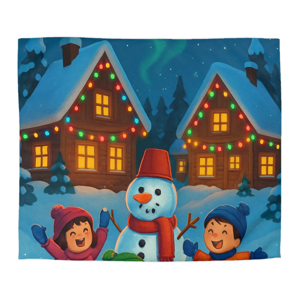 Housse de couette enfants avec design joyeux d'hiver, neige et cabanes éclairées