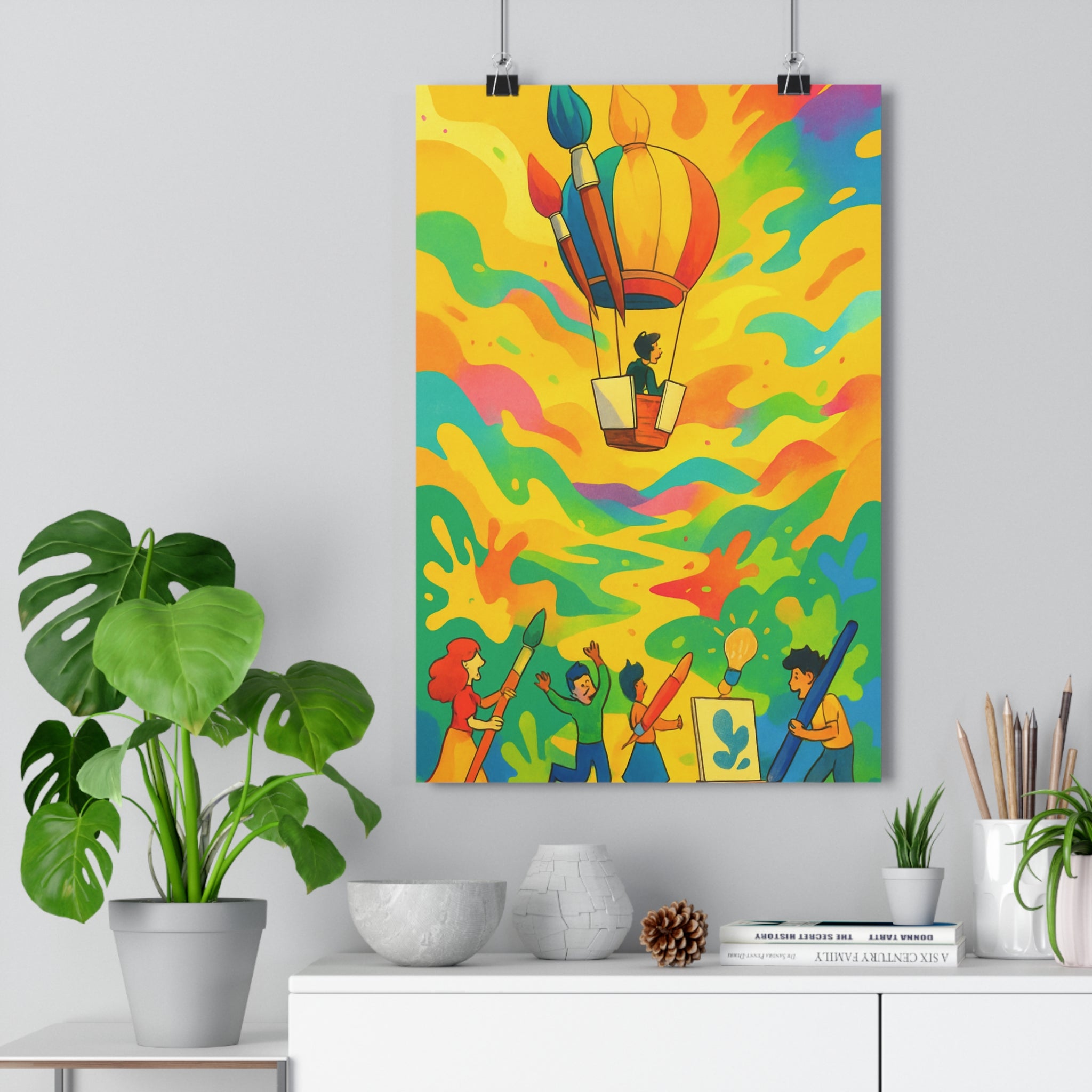 Poster décoratif cartoon vibrant jaune bleu rouge créatif joyeux chambre enfant art mural unique