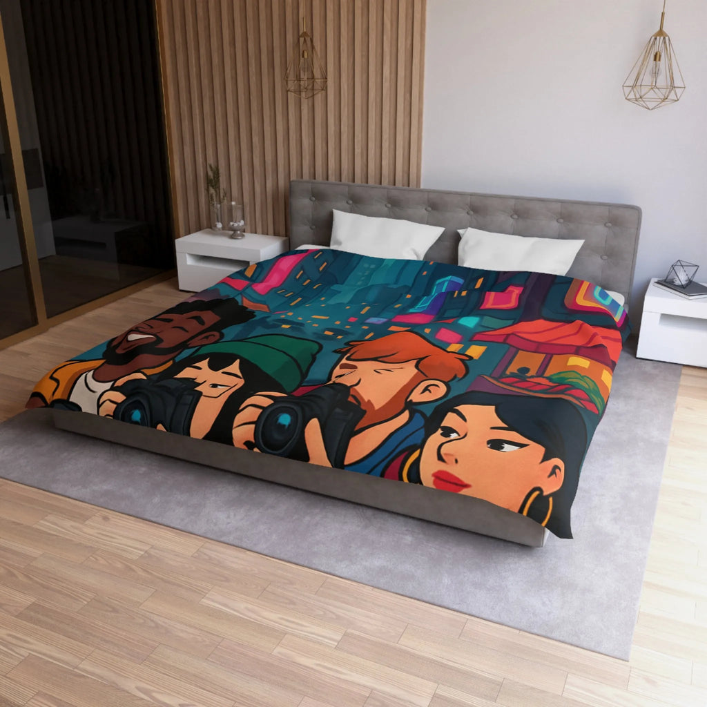 Housse de couette avec photographe urbain, design moderne et ambiance néon vibrante