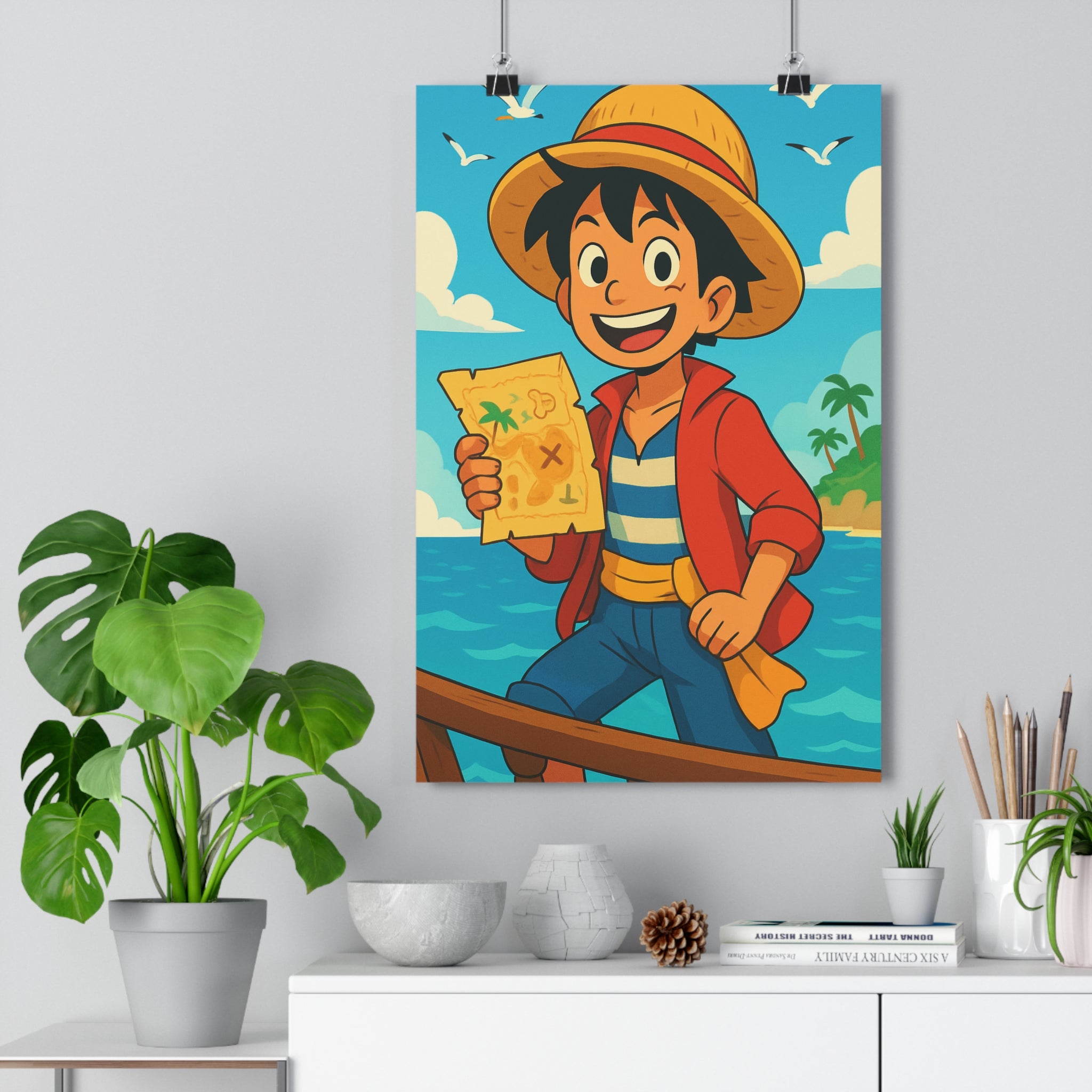 Poster décoratif cartoon joyeux aventurier enfant chapeau paille rouge bleu océan chambre murale art