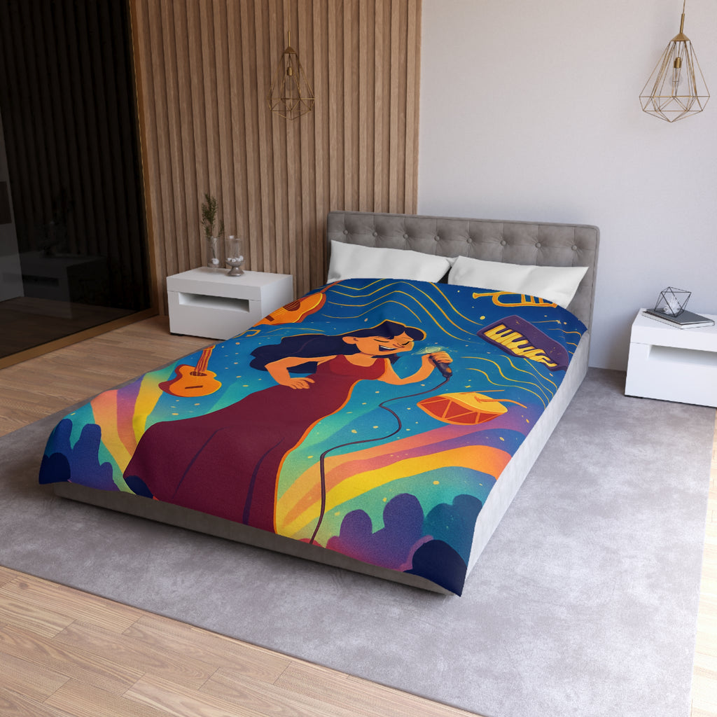 Housse de couette vibrante avec scène musicale, chanteuse et instruments illustrés colorés