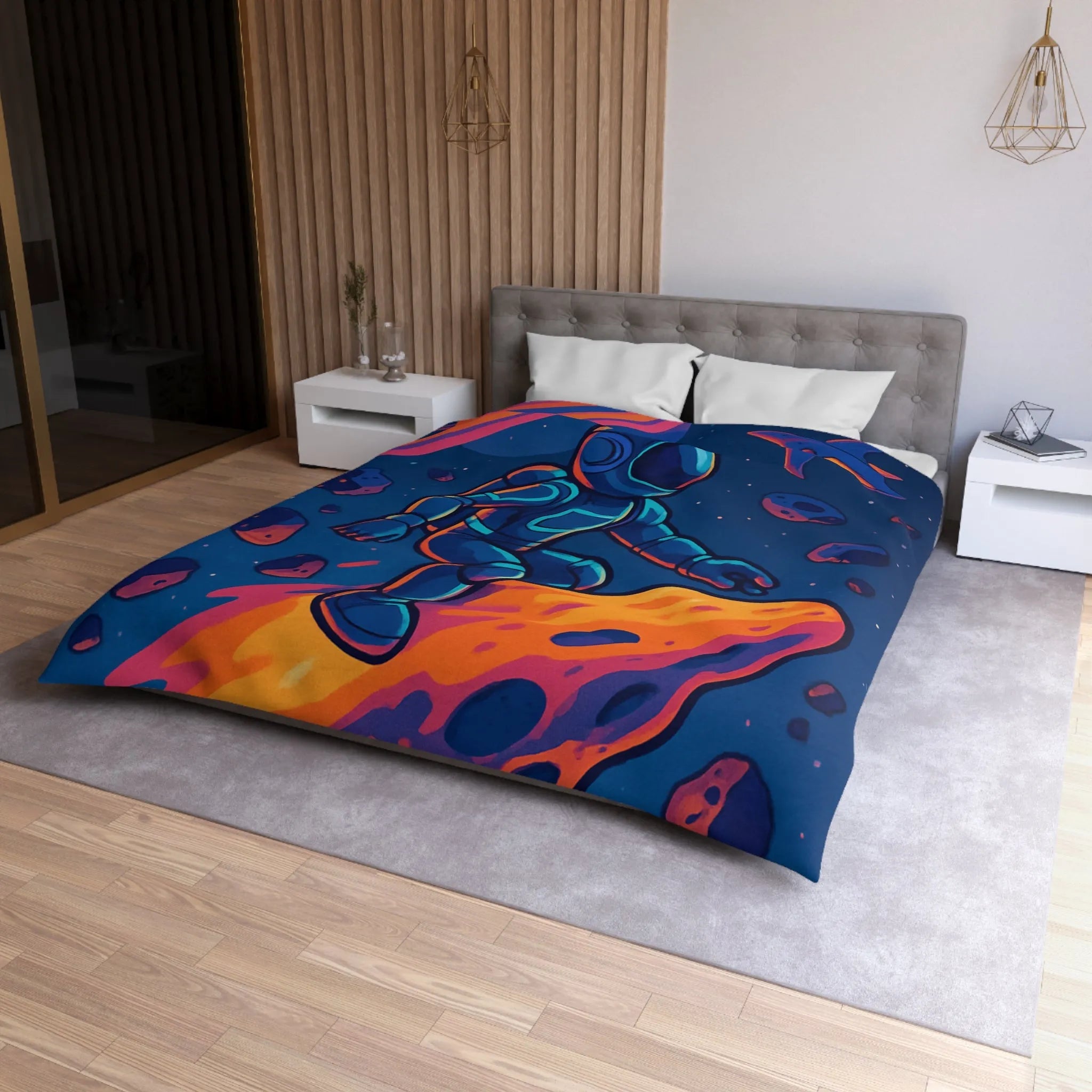 Aventure spatiale colorée avec astronaute sur météore, planète anneau et vaisseaux futuristes