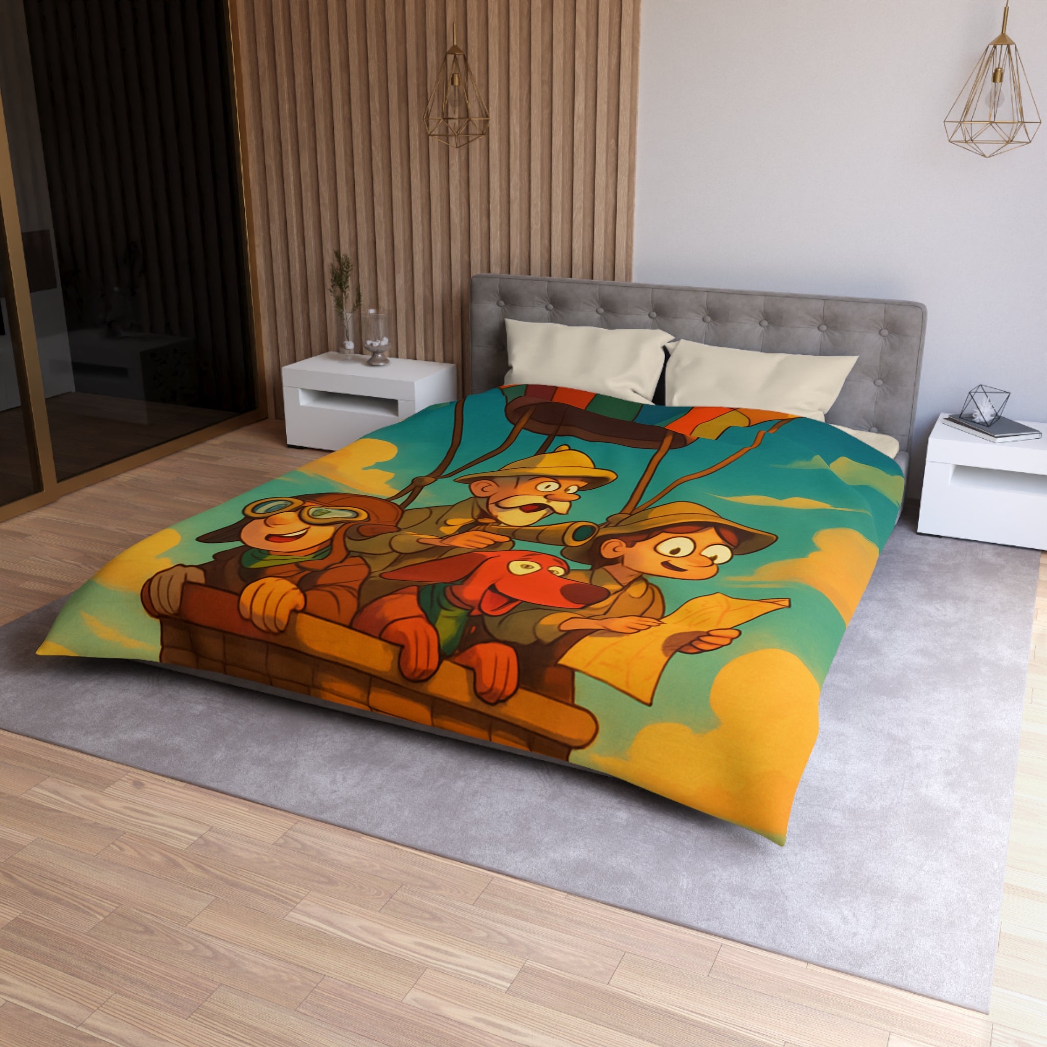 Housse de Couette Montgolfière Aventure Enfants et Chien Colorée pour Chambres Ludiques