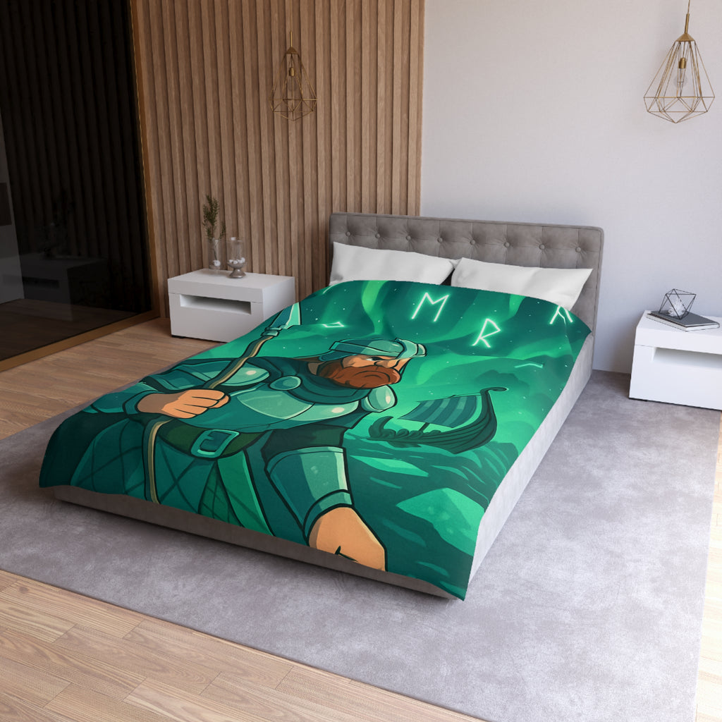 Housse de Couette Viking Vert Émeraude avec Guerrier et Aurores Boréales pour Chambre