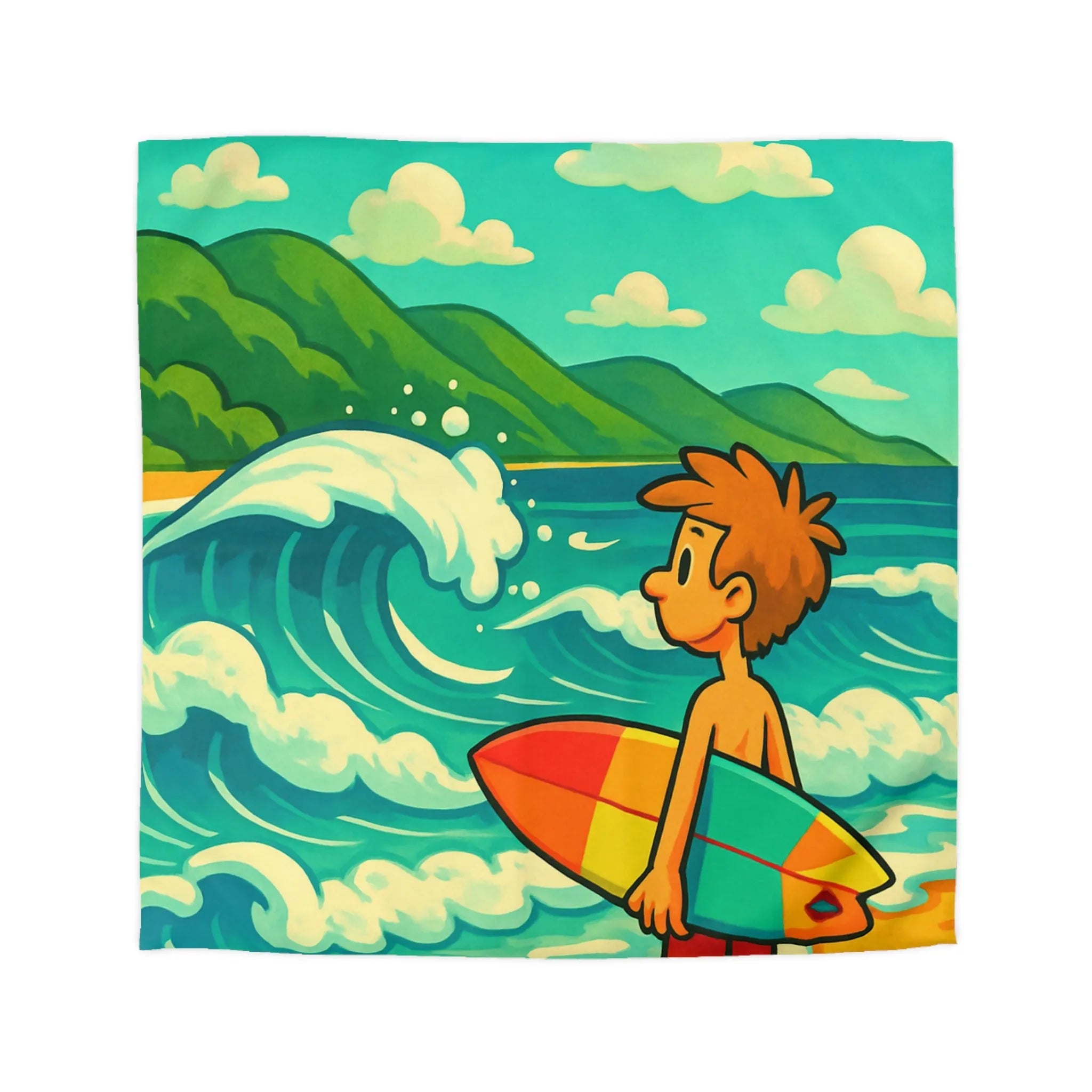 Housse de couette avec dessin coloré de plage pour enfants et surfeur