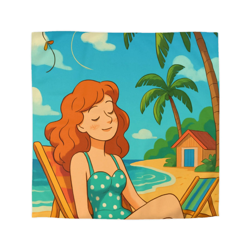 Housse de couette illustrée plage relaxante avec fille et cerf-volant coloré