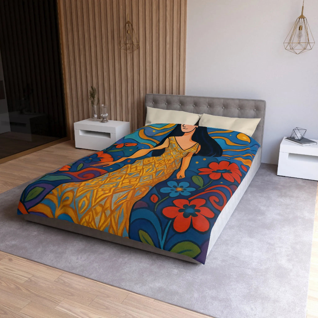 Housse de couette artistique avec motif floral vibrant et silhouette élégante féminine