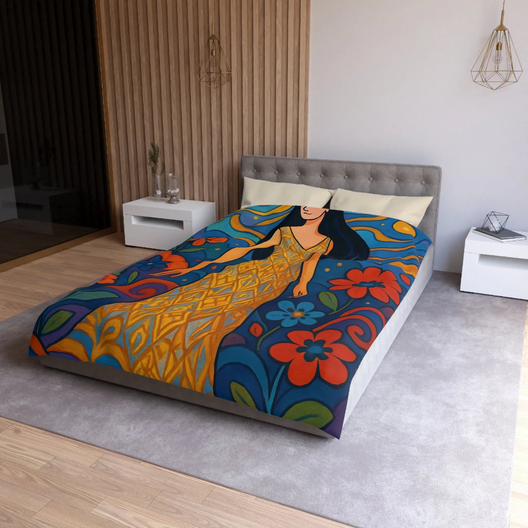 Housse de couette artistique avec motif floral vibrant et silhouette élégante féminine