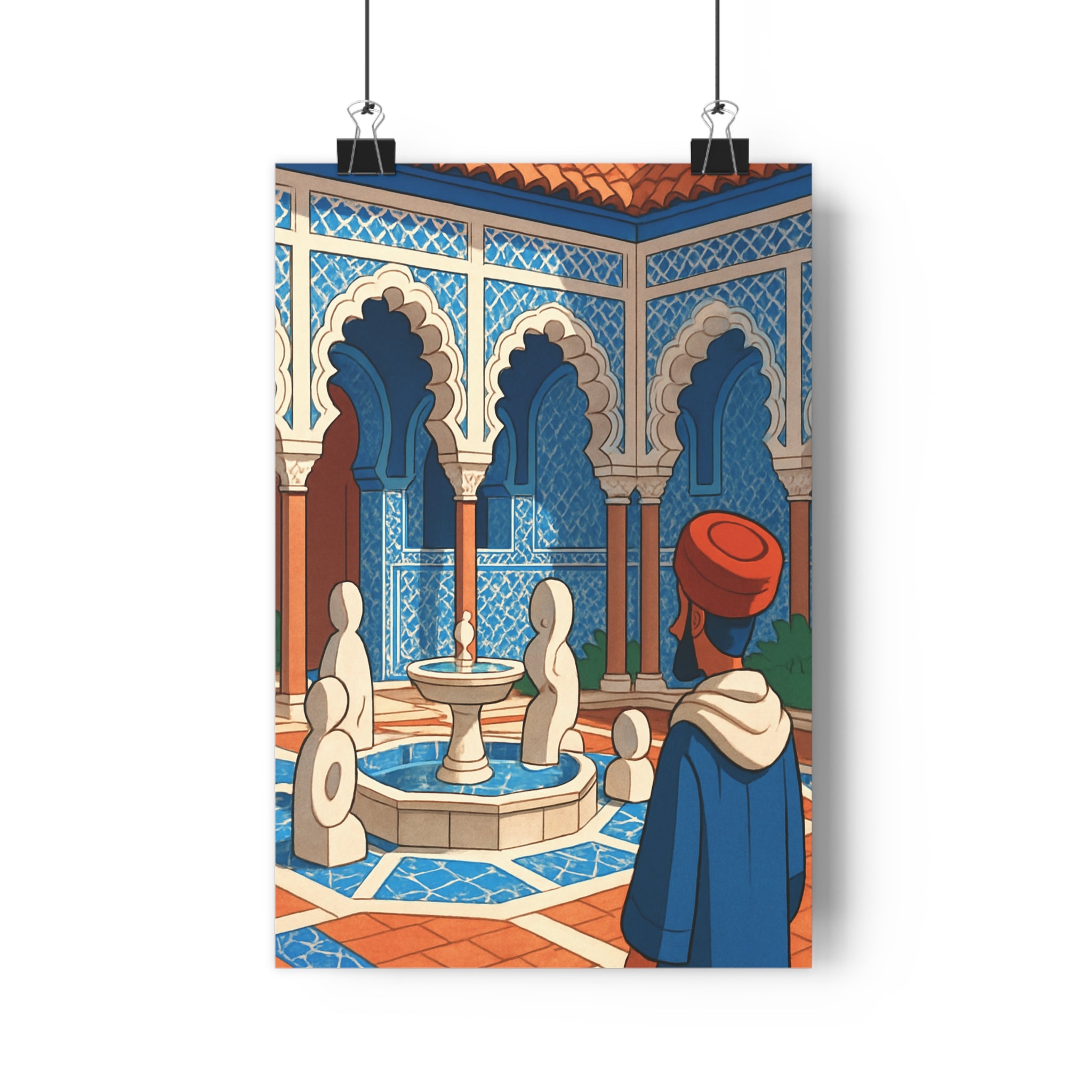 Poster décoratif cartoon bleu terracotta mystique salon chambre art élégant exotique traditionnel fontaine architecturale