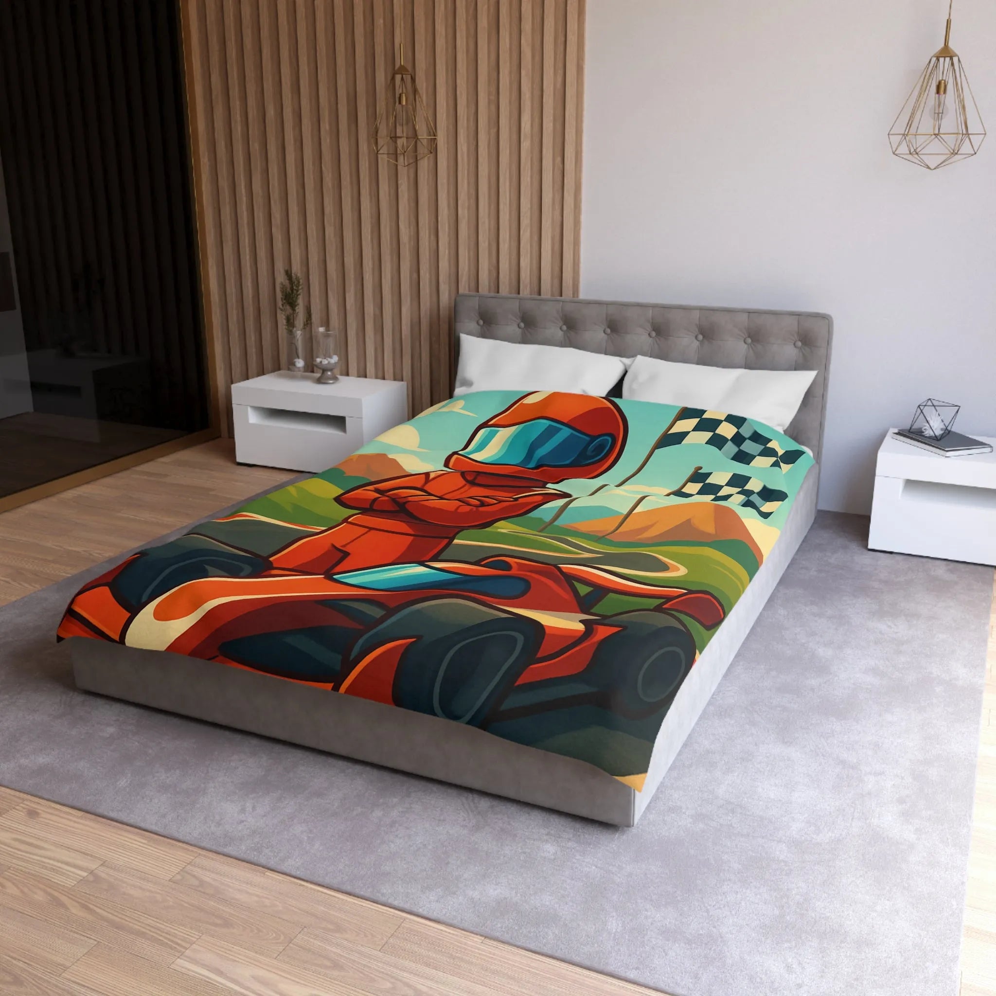 Housse de Couette avec Motif de Voiture de Course et Paysage Coloré pour Enfants