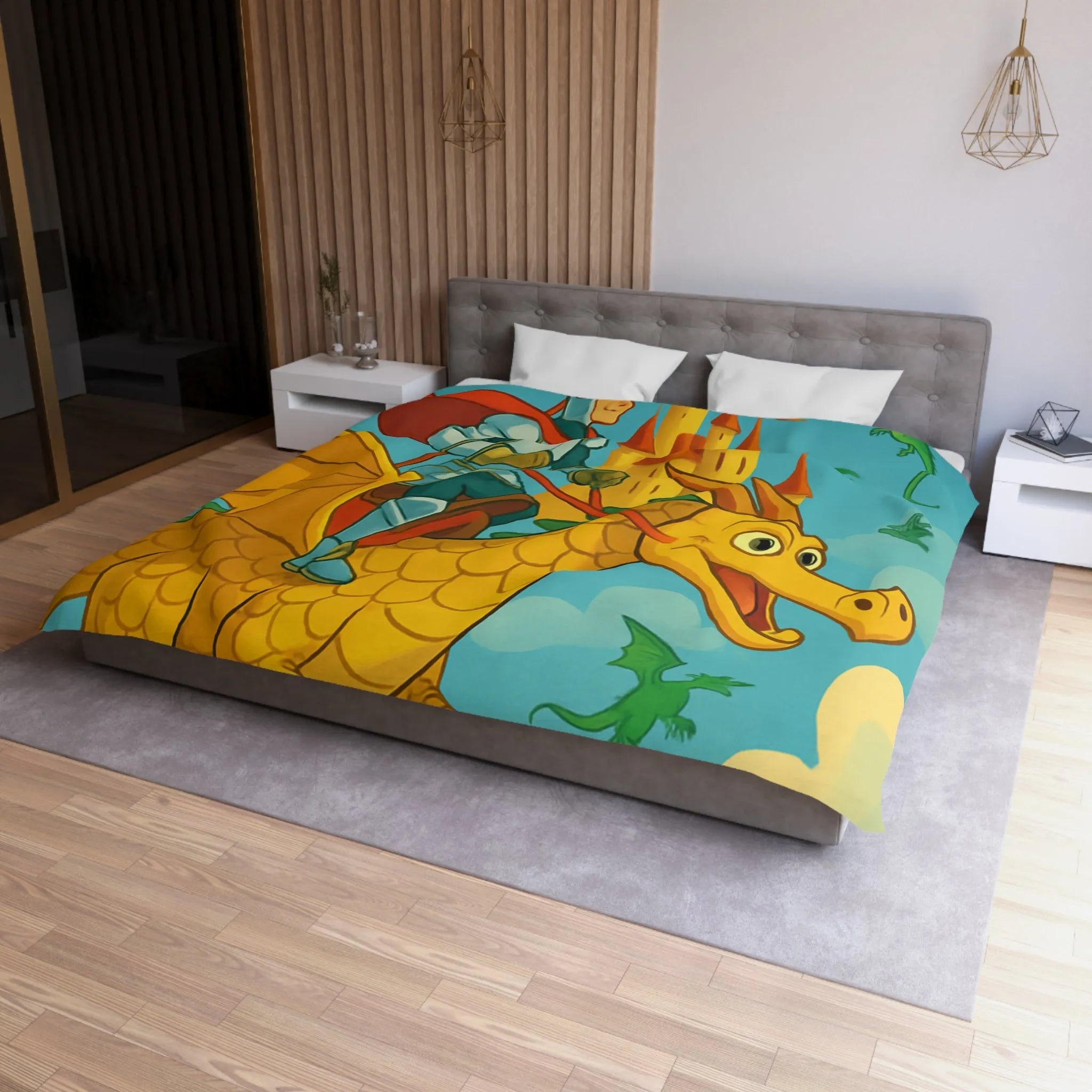 Housse de couette avec chevalier courageux chevauchant un dragon doré au-dessus château fantastique