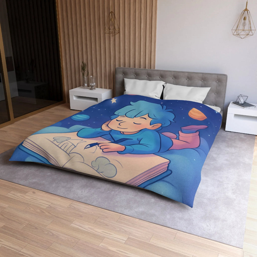 Housse de couette enfant rêve étoilé avec cosmos et garçon sur nuage