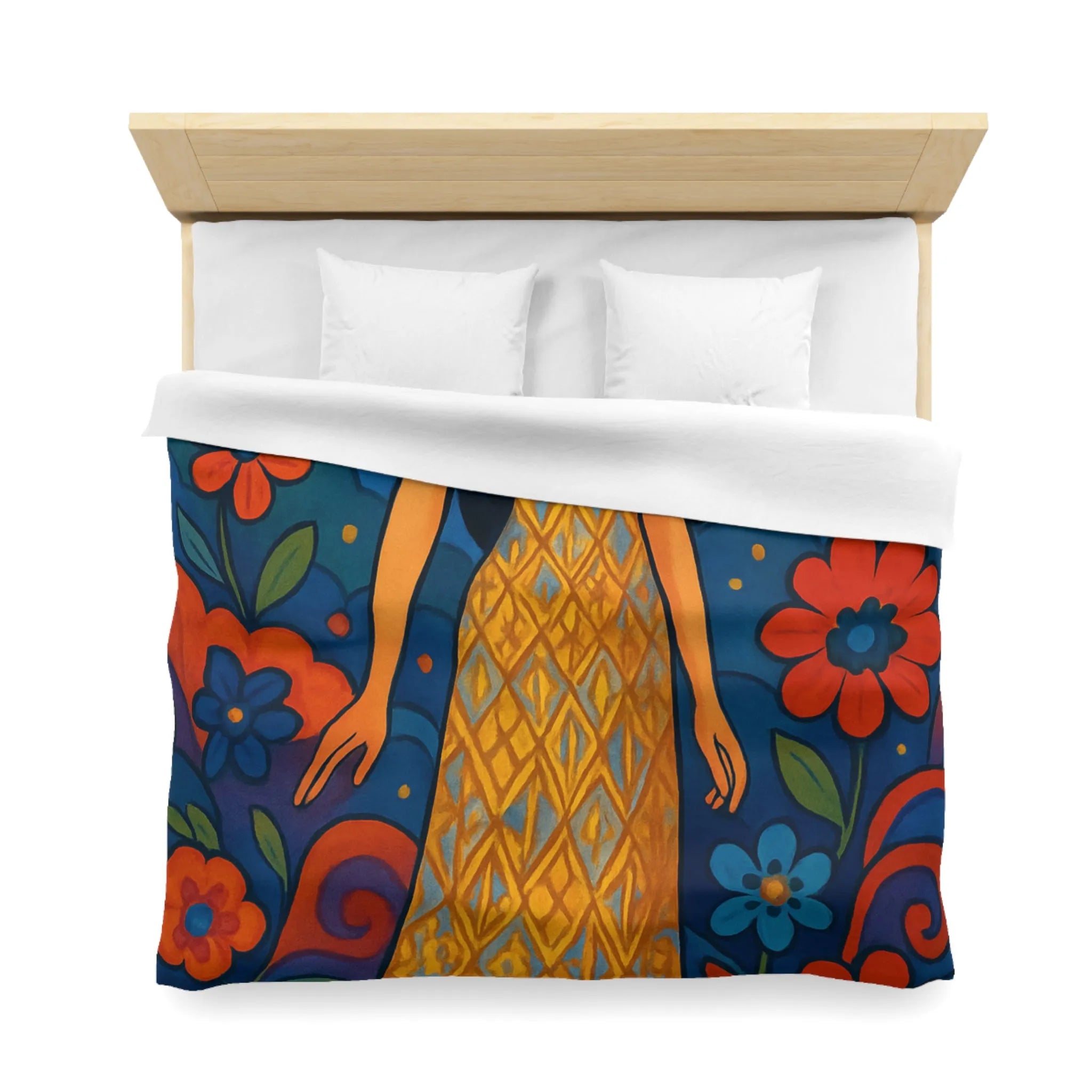 Housse de couette artistique avec motif floral vibrant et silhouette élégante féminine