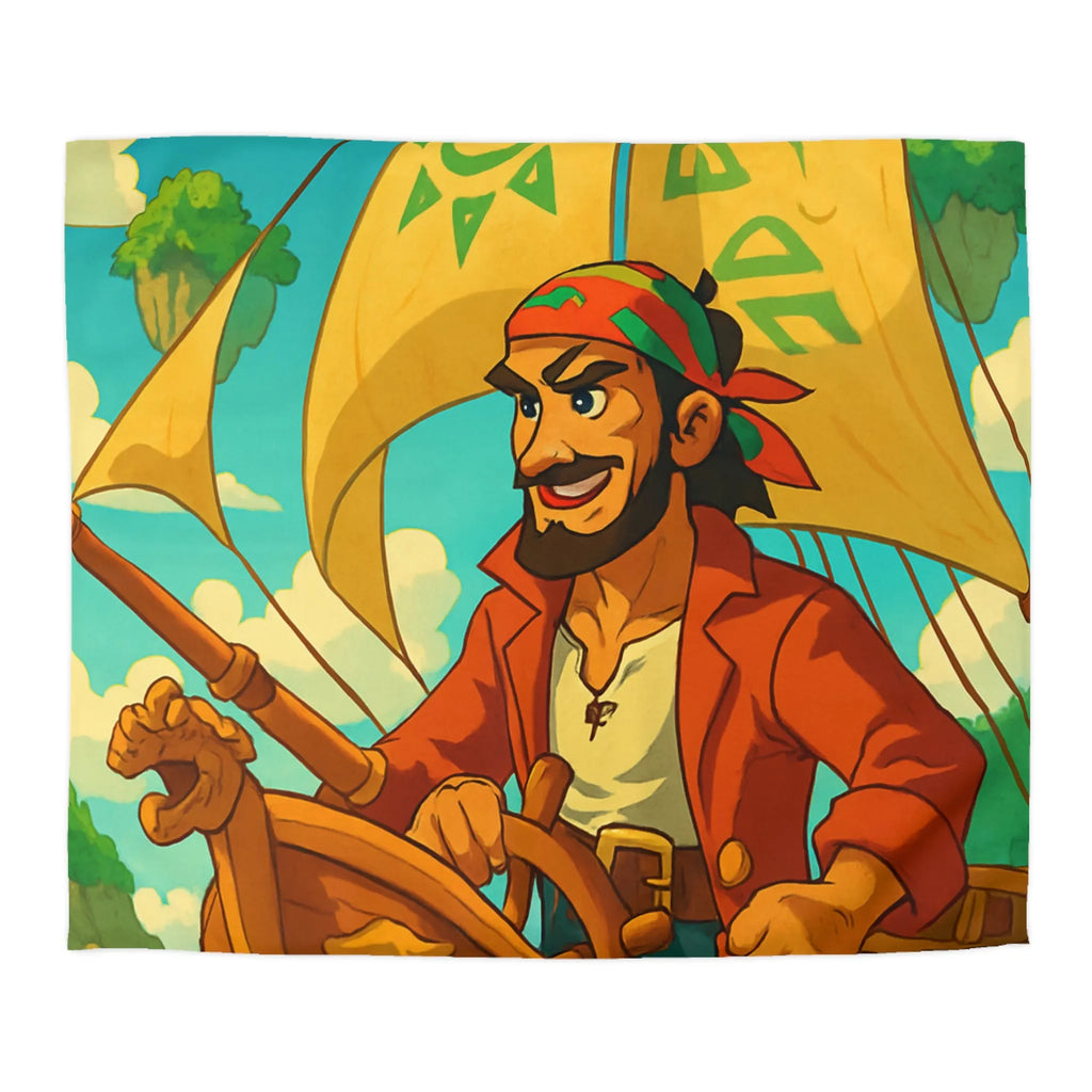 Housse de couette colorée avec pirate en bateau sur mer et îles flottantes