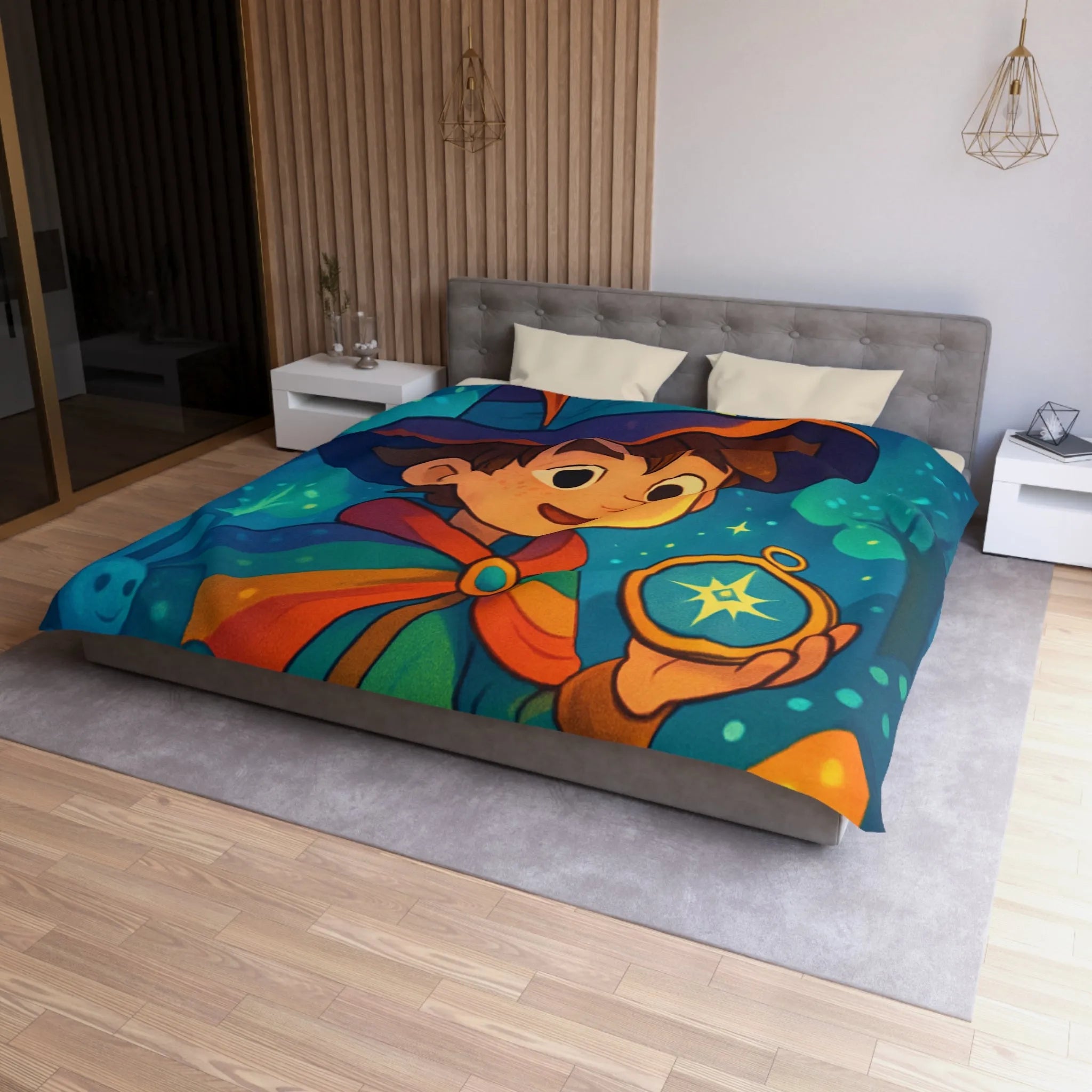 Housse de Couette Enfant Fantasy avec Sorcier et Dragon dans Forêt Enchantée Étoilée