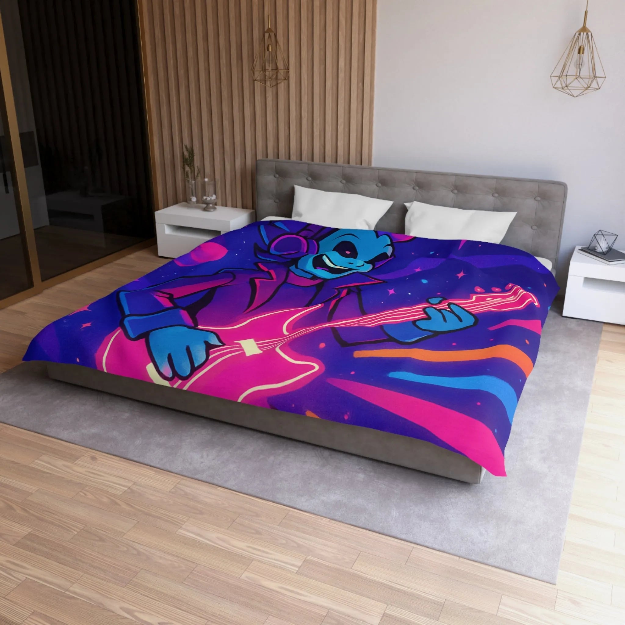 Housse de Couette Galactique avec Musicien Alien et Planètes Multicolores en Néon Vibrant
