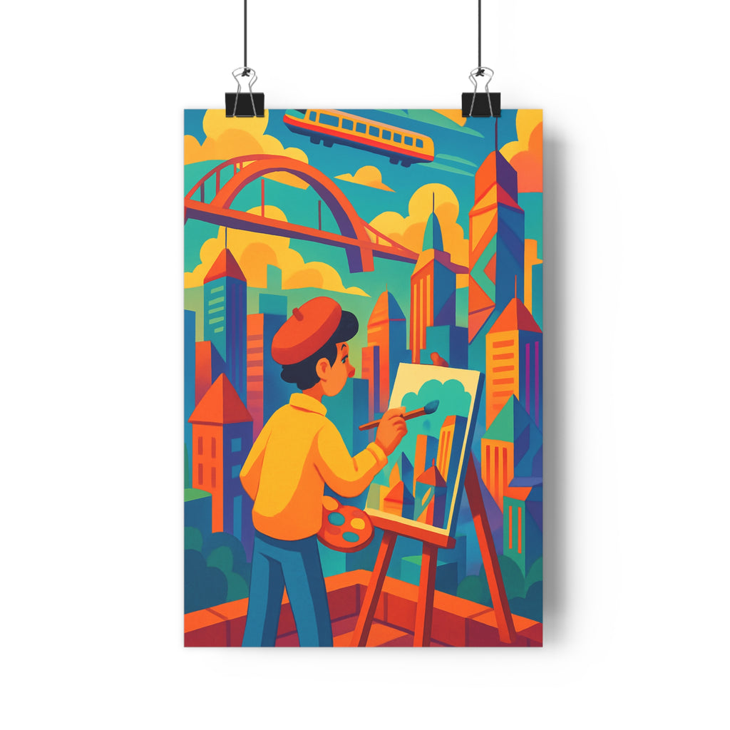 Poster décoratif cubiste orange bleu jaune salon bureau dynamique artistique urbain moderne animation 30x46