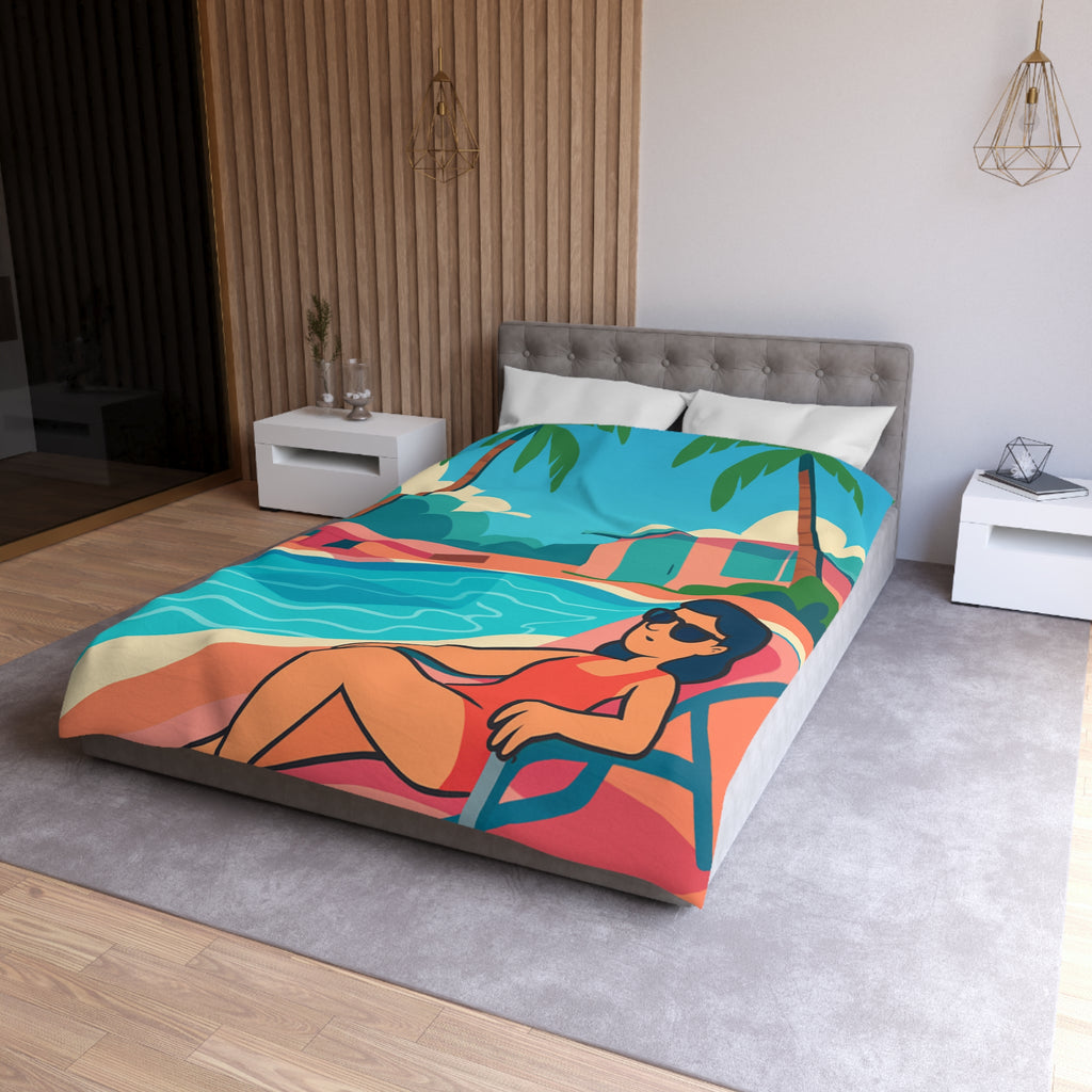 Vibrante housse de couette avec illustration de piscine et palmiers ambiance tropicale