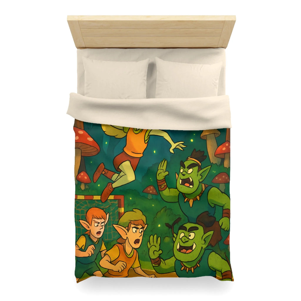 Housse de couette d’elfes joueurs de handball dans une forêt magique illuminée