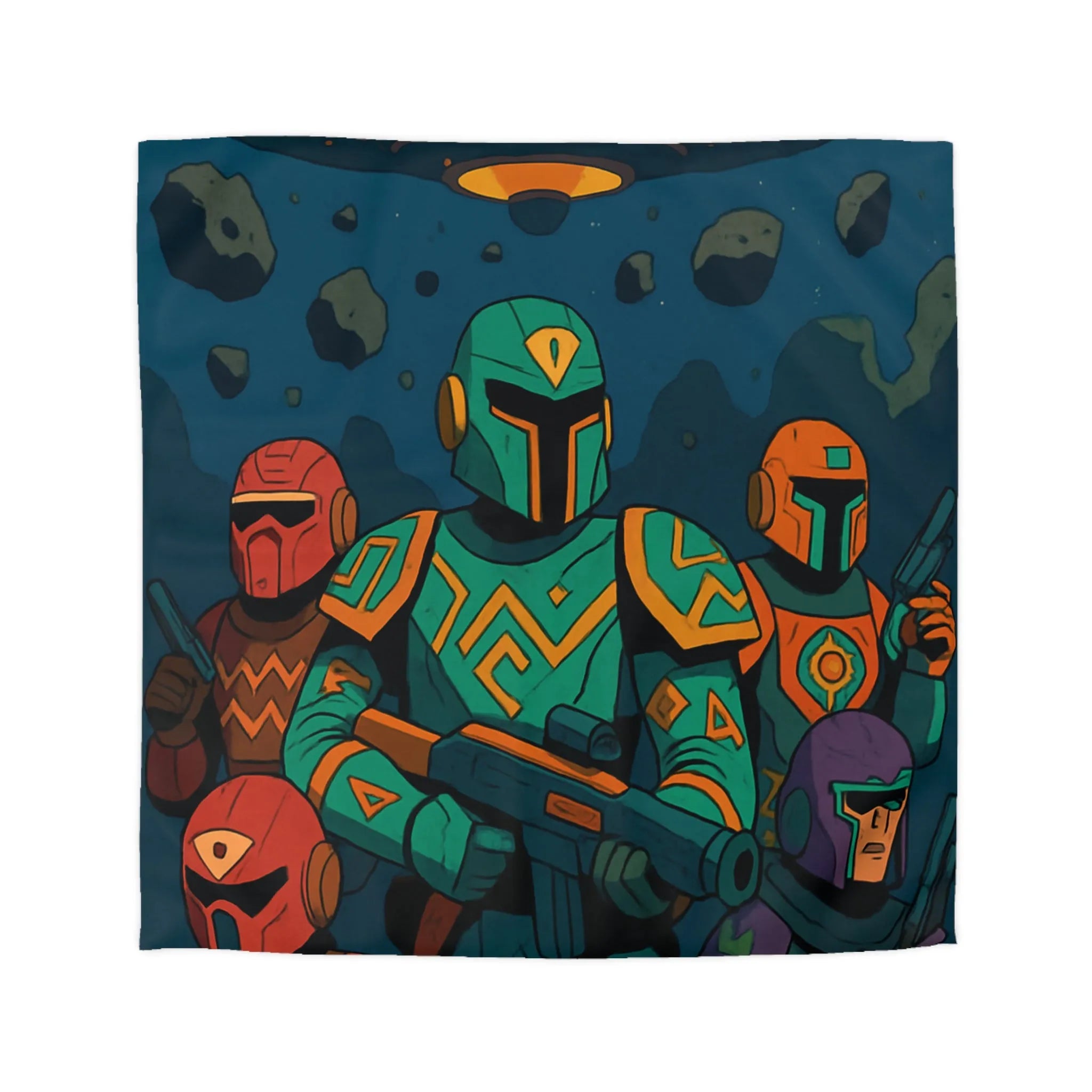 Housse de couette avec motifs futuristes colorés inspirés de guerriers et OVNI