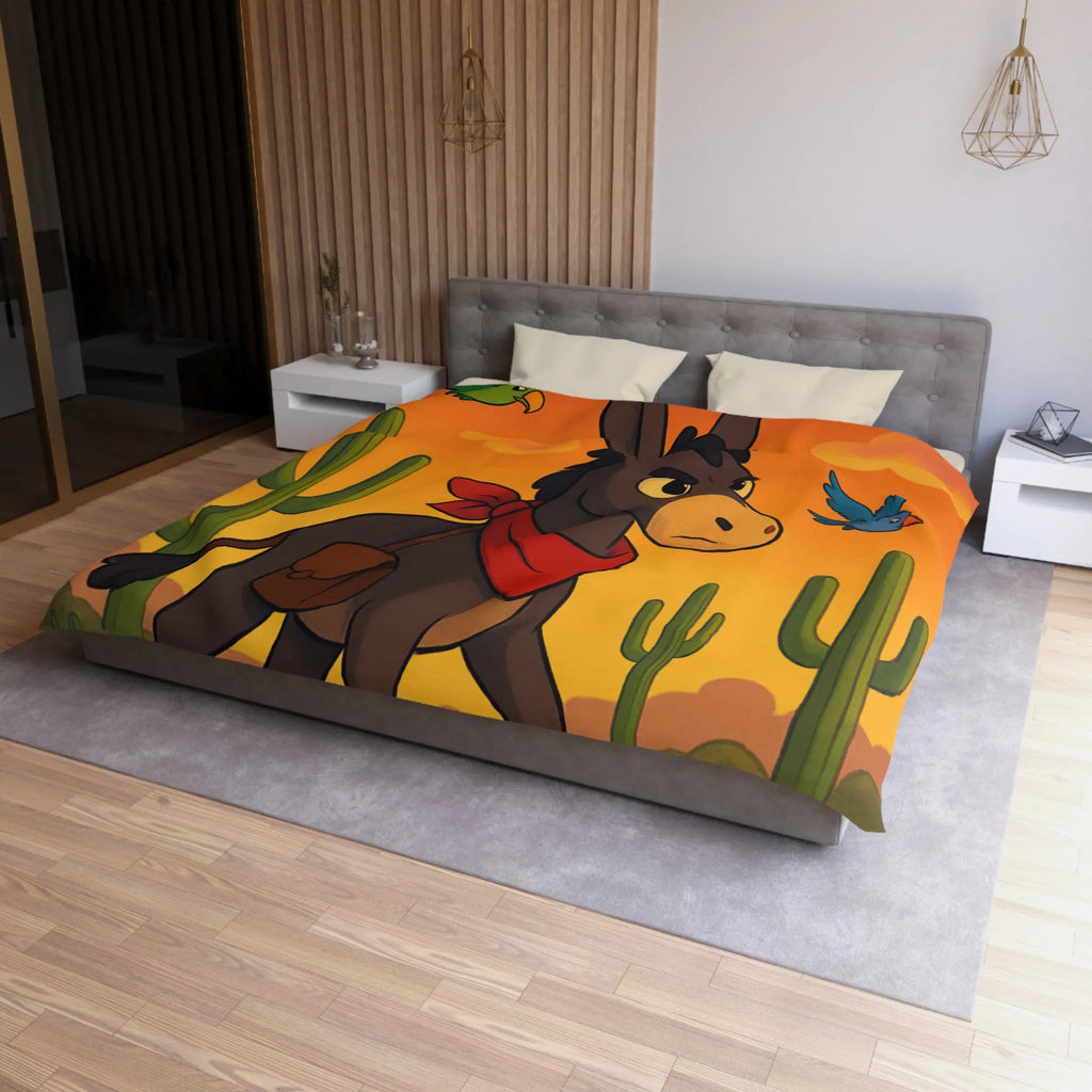 Housse de couette avec âne mignon et oiseaux colorés en désert animé