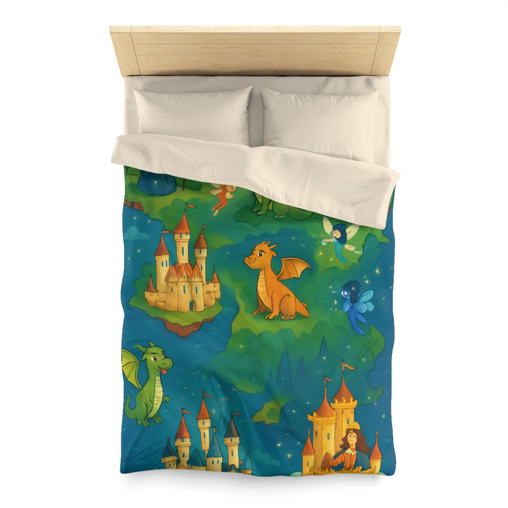 Housse de couette thématique féerique avec dragons, châteaux et un sorcier rêveur