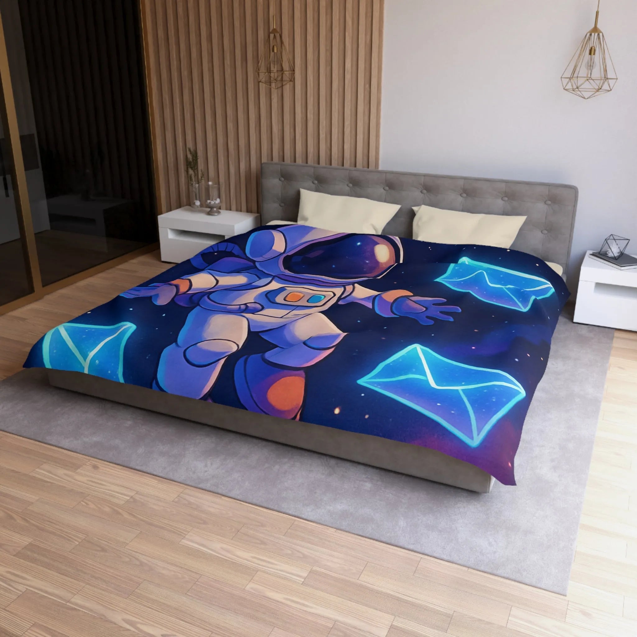 Housse de Couette Astronaute Flottant dans l'Espace avec Enveloppes et Planète Colorée