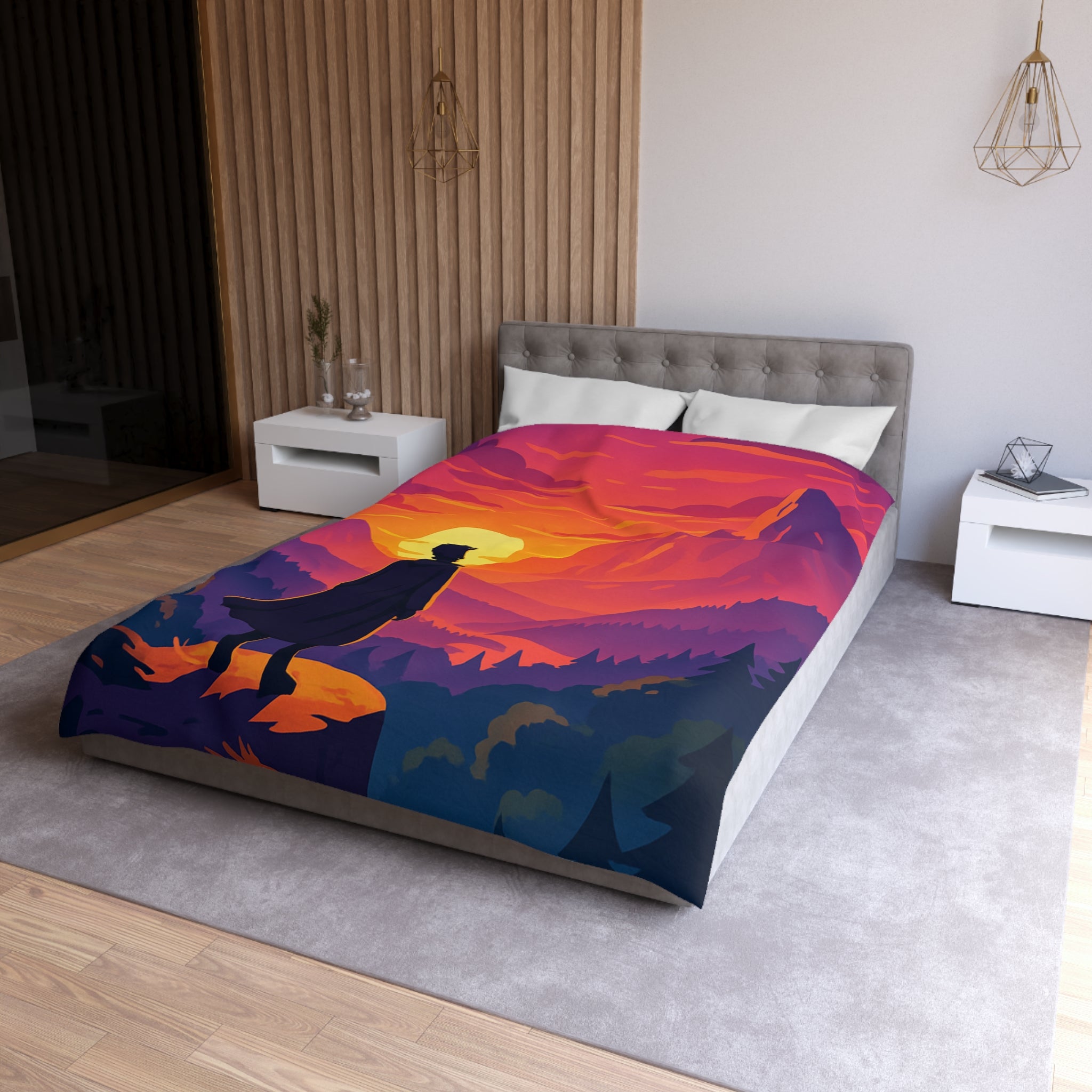 Housse de couette montagnes coucher de soleil silhouette homme paysage artistique vibrant