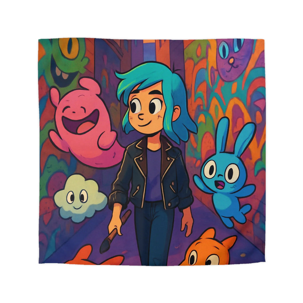 Housse de couette colorée avec personnages fantasy dans une ruelle urbaine magique