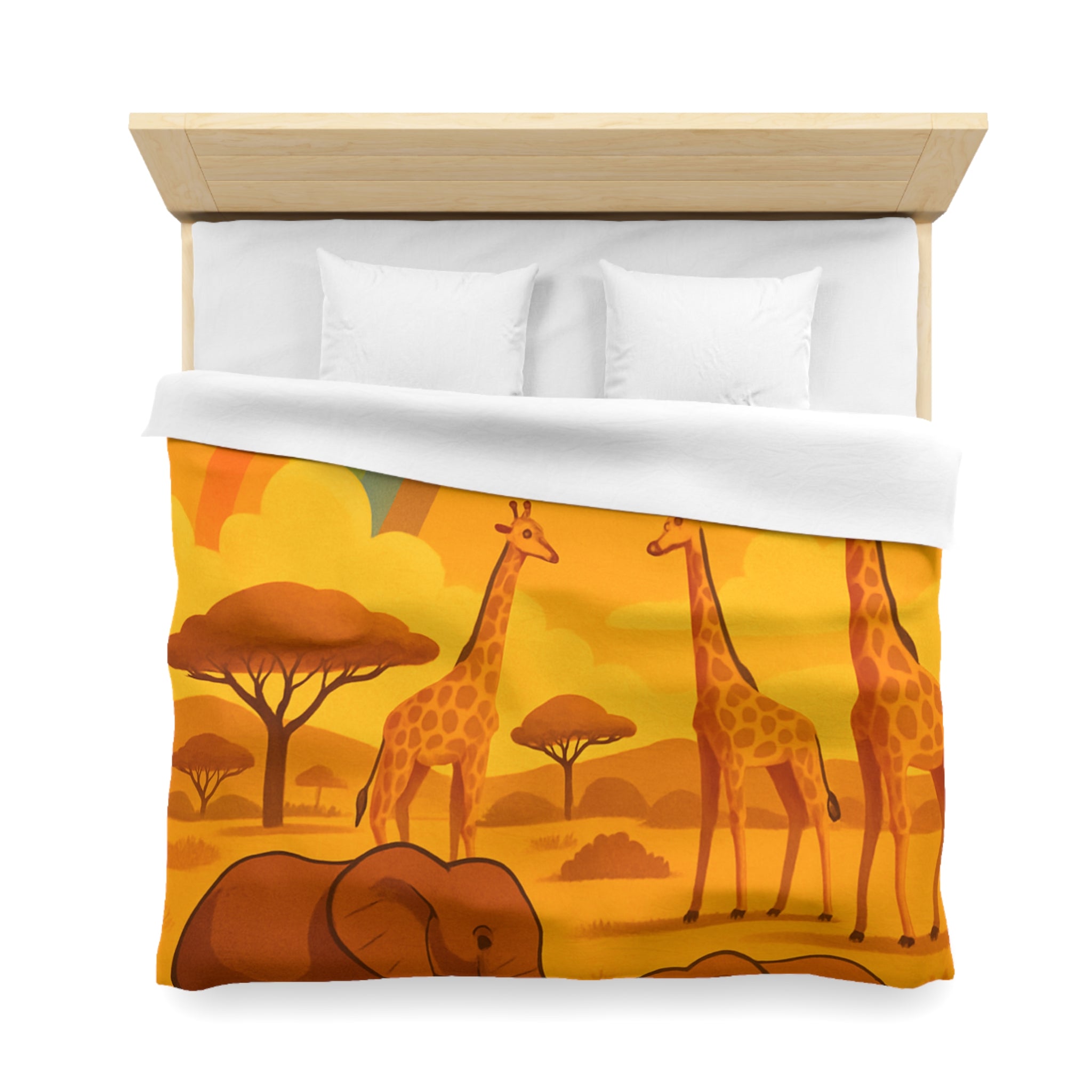 Housse de couette safari enfant avec éléphants, girafes et arc-en-ciel vibrant