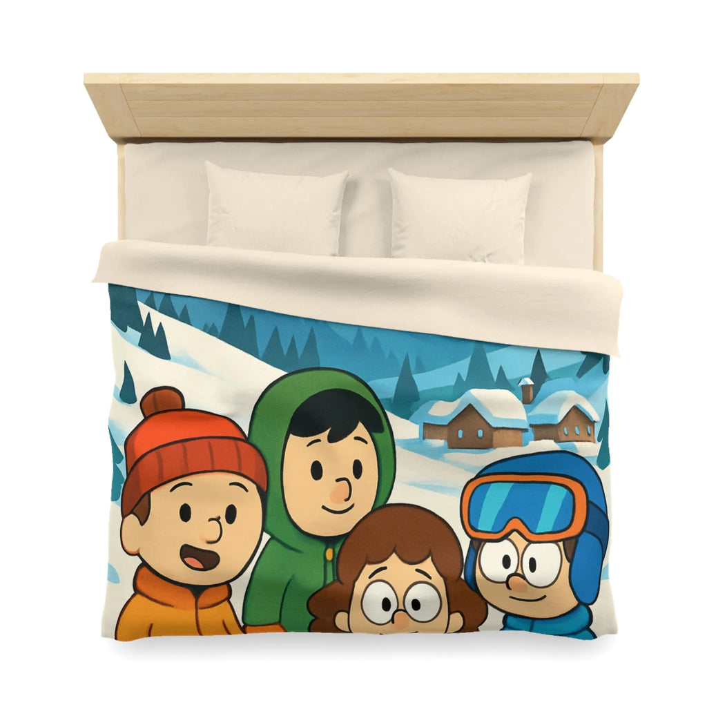 Housse de couette avec enfants joyeux et montagnes enneigées pour chambre d'enfant