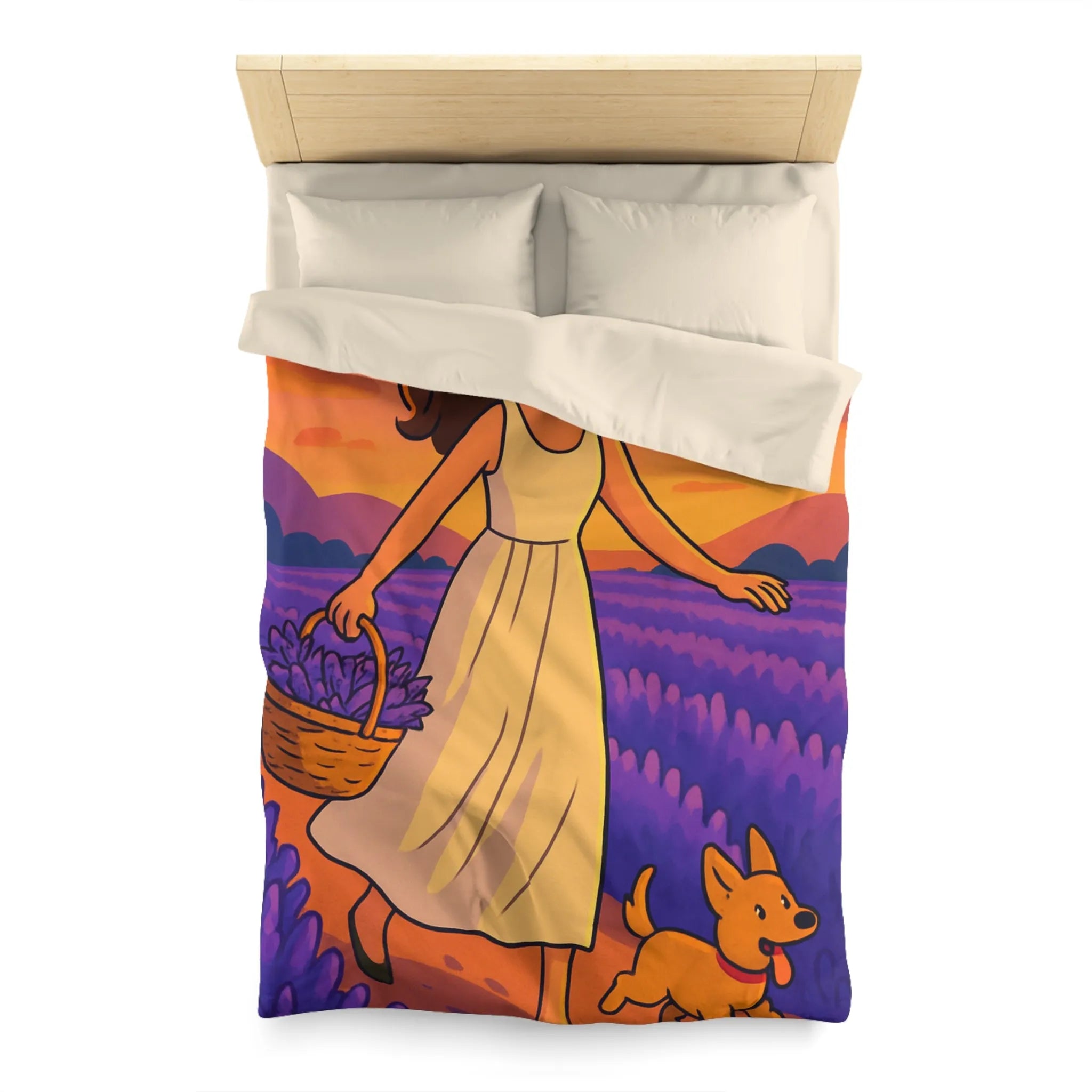 Housse de couette avec design fille et chien dans champ de lavande au coucher du soleil