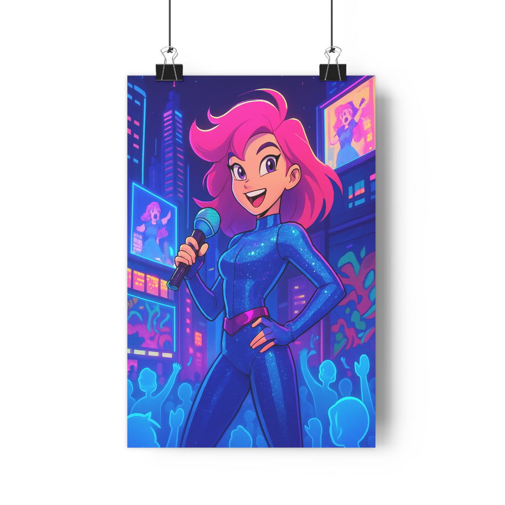 Poster décoratif futuriste chanteuse micro cyberpunk bleu rose chambre anime vibrant dynamique illuminé moderne