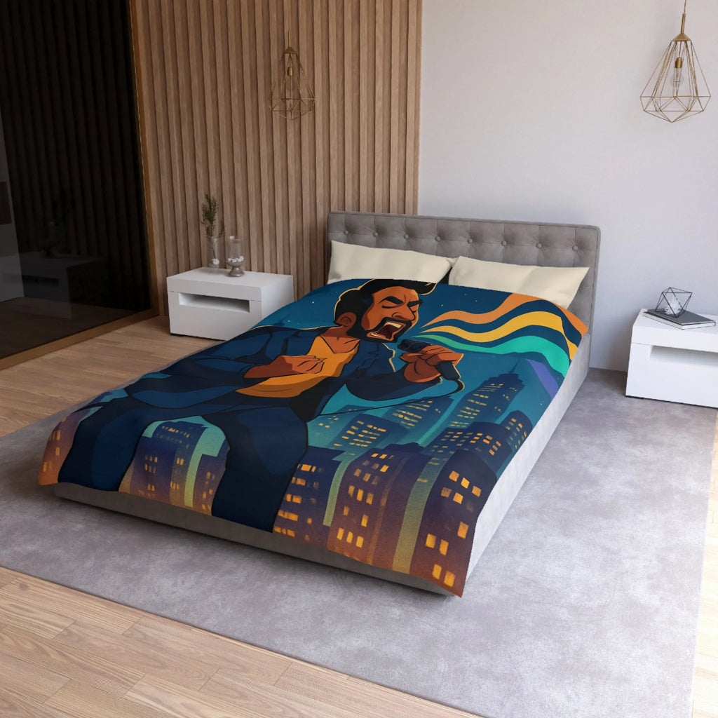Housse de couette artistique : chanteur vibrant avec coucher de soleil et gratte-ciels